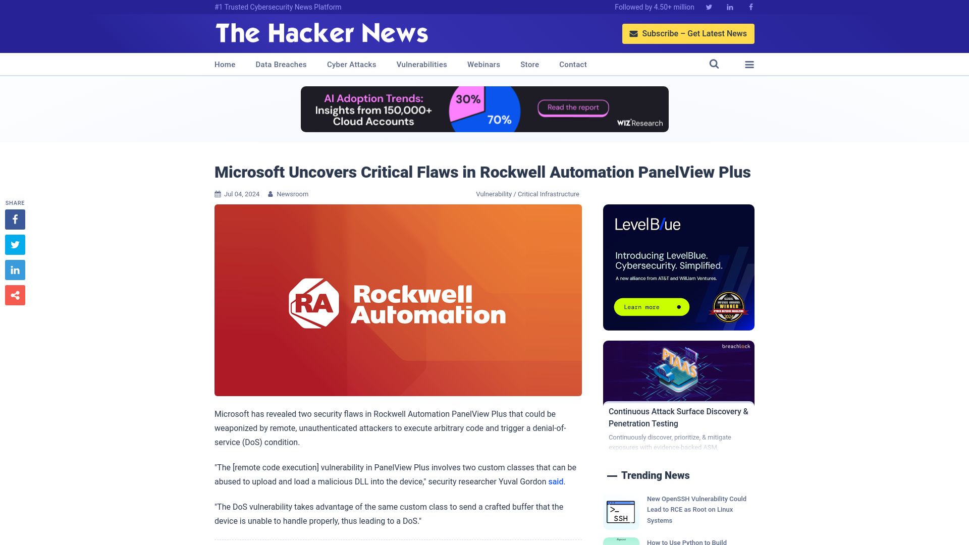 Microsoft Uncovers Critical Flaws in Rockwell Automation PanelView Plus