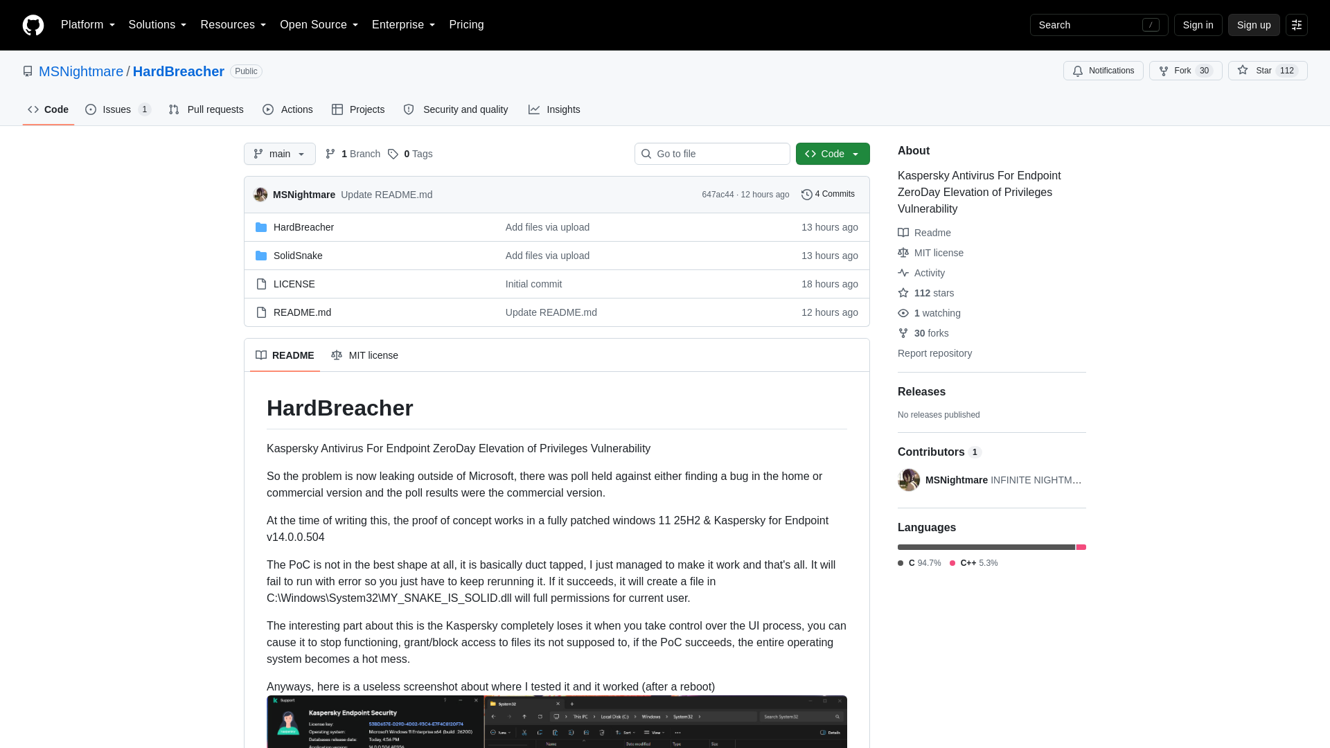 GitHub - MSNightmare/HardBreacher: Kaspersky Antivirus For Endpoint ZeroDay Elevation of Privileges Vulnerability · GitHub