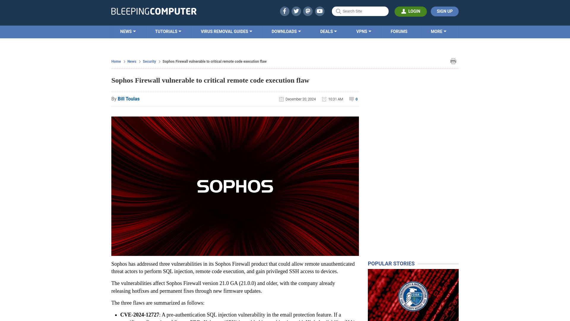 Sophos Firewall vulnerable to critical remote code execution flaw