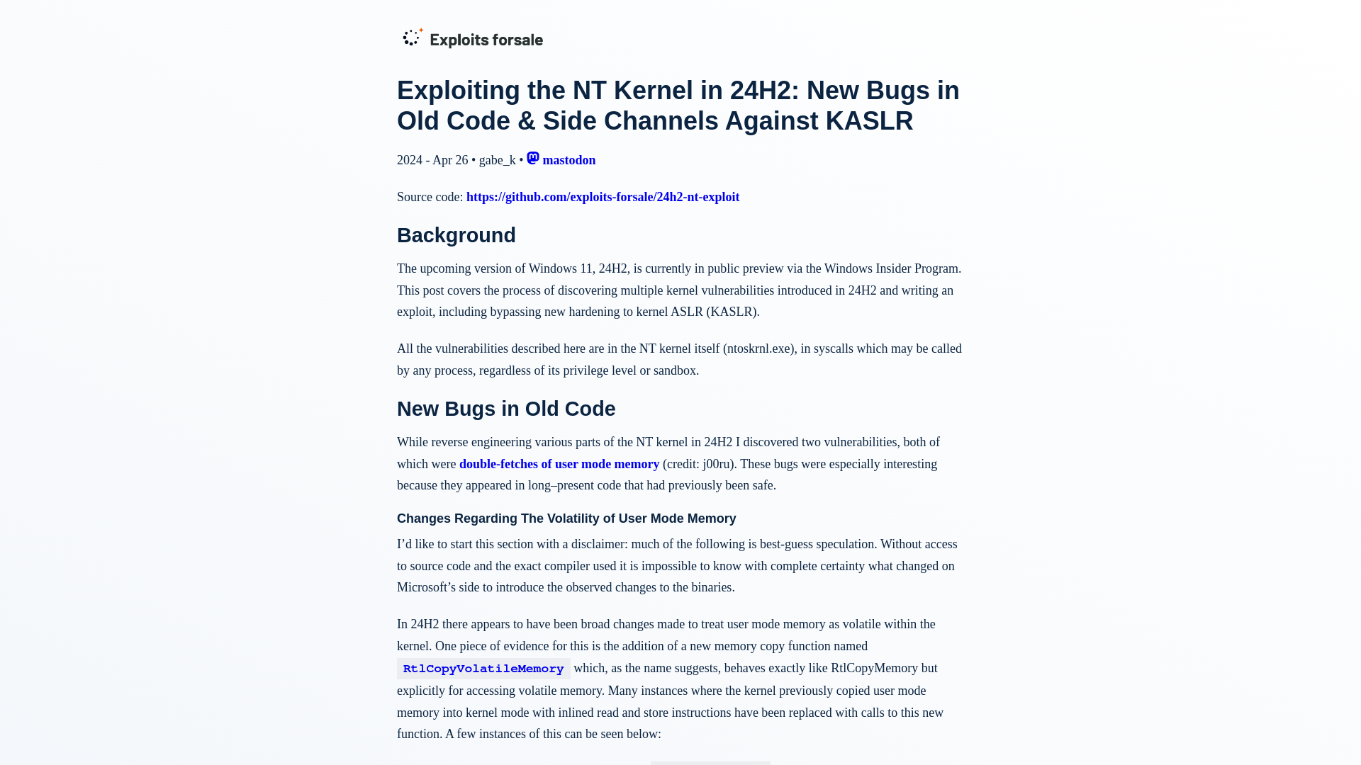 Exploiting the NT Kernel in 24H2: New Bugs in Old Code & Side Channels Against KASLR