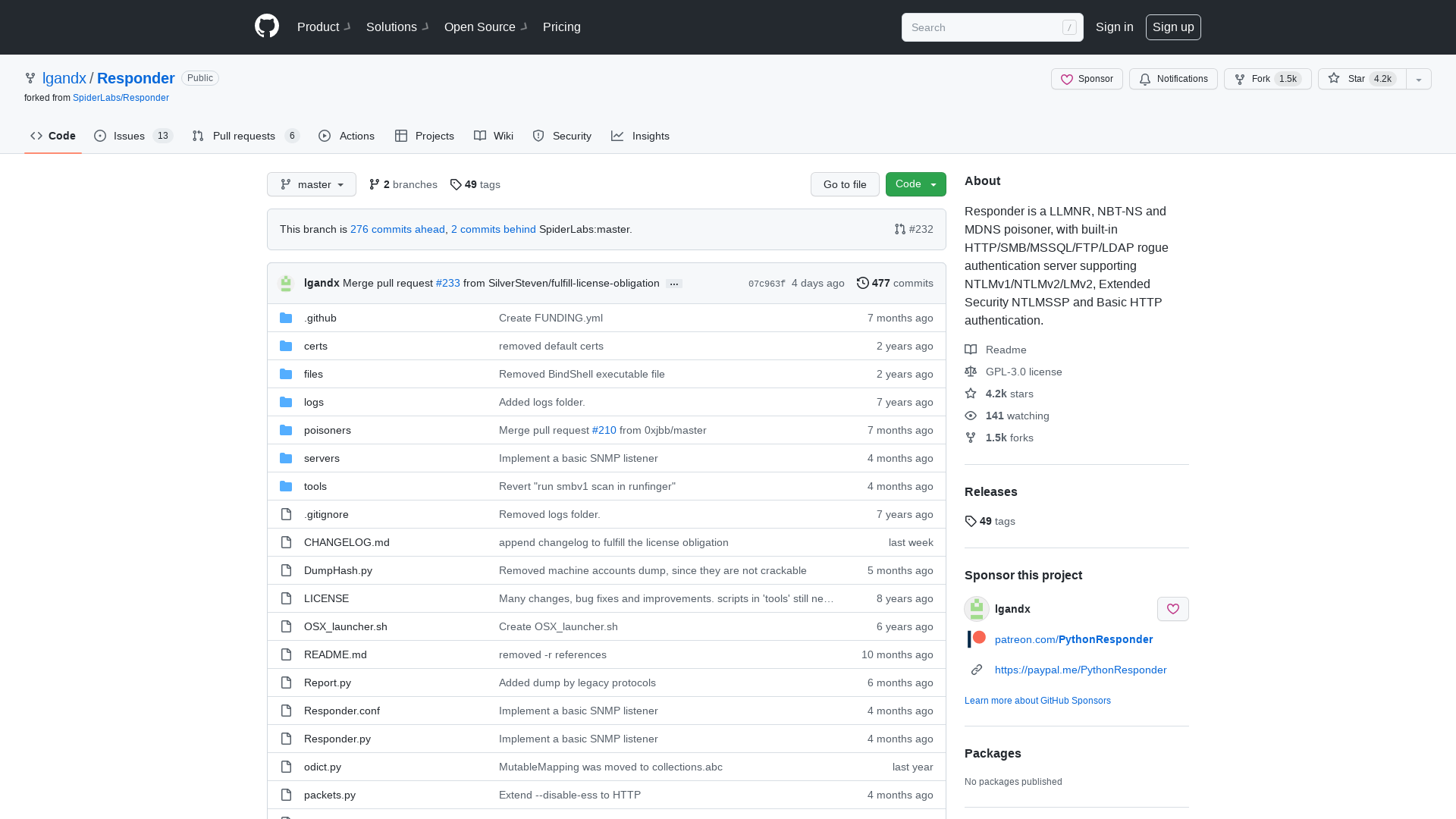 GitHub - lgandx/Responder: Responder is a LLMNR, NBT-NS and MDNS poisoner, with built-in HTTP/SMB/MSSQL/FTP/LDAP rogue authentication server supporting NTLMv1/NTLMv2/LMv2, Extended Security NTLMSSP and Basic HTTP authentication.