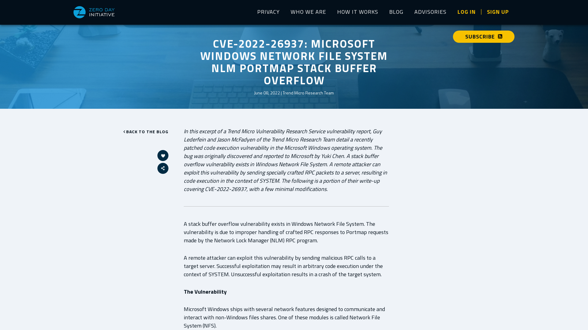 Zero Day Initiative — CVE-2022-26937: Microsoft Windows Network File System NLM Portmap Stack Buffer Overflow