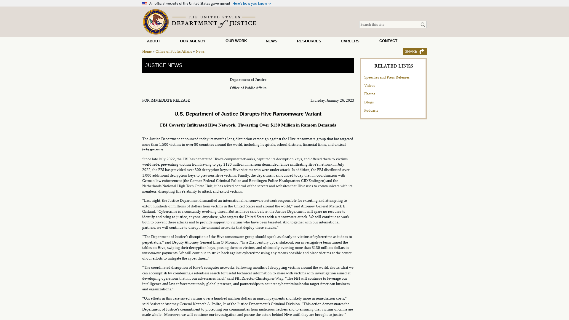 U.S. Department of Justice Disrupts Hive Ransomware Variant | OPA | Department of Justice