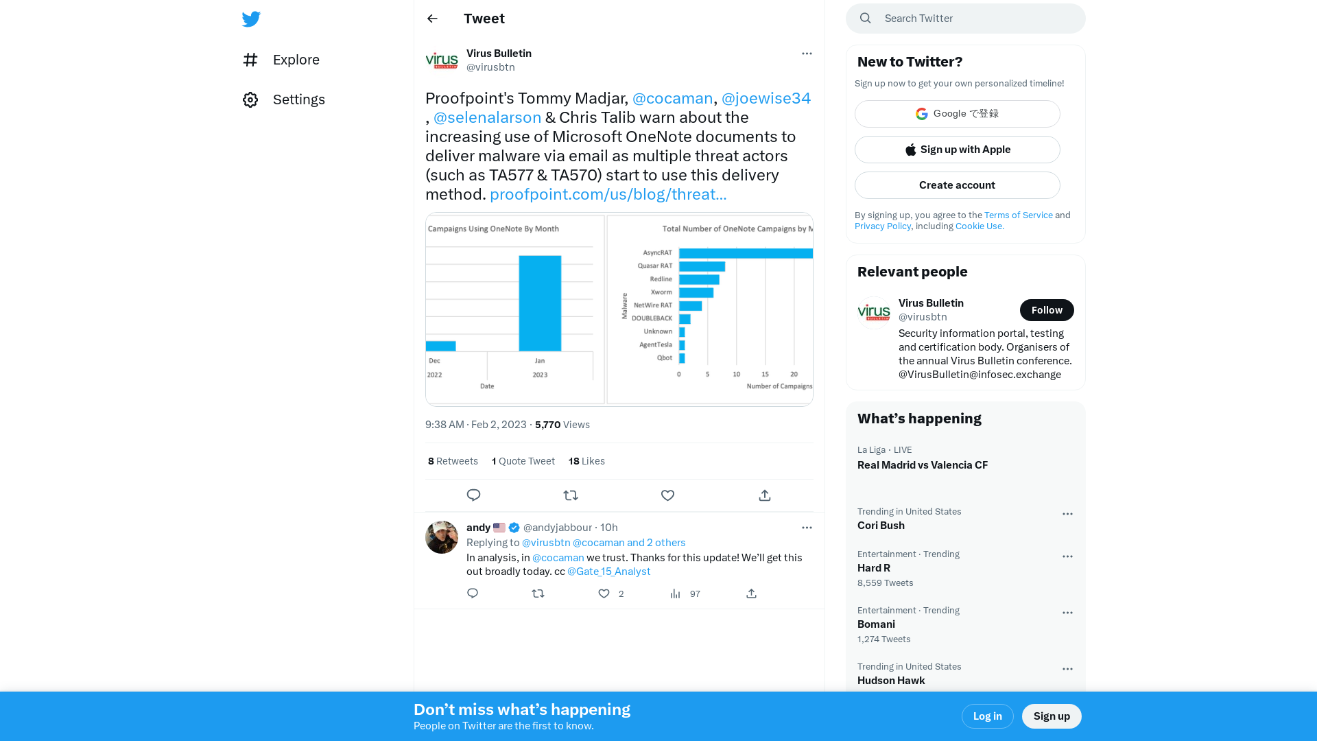 Virus Bulletin on Twitter: "Proofpoint's Tommy Madjar, @cocaman, @joewise34, @selenalarson &amp; Chris Talib warn about the increasing use of Microsoft OneNote documents to deliver malware via email as multiple threat actors (such as TA577 &amp; TA570) start to use this delivery method. https://t.co/hm55ket6tL https://t.co/VmD2vM4T8J" / Twitter