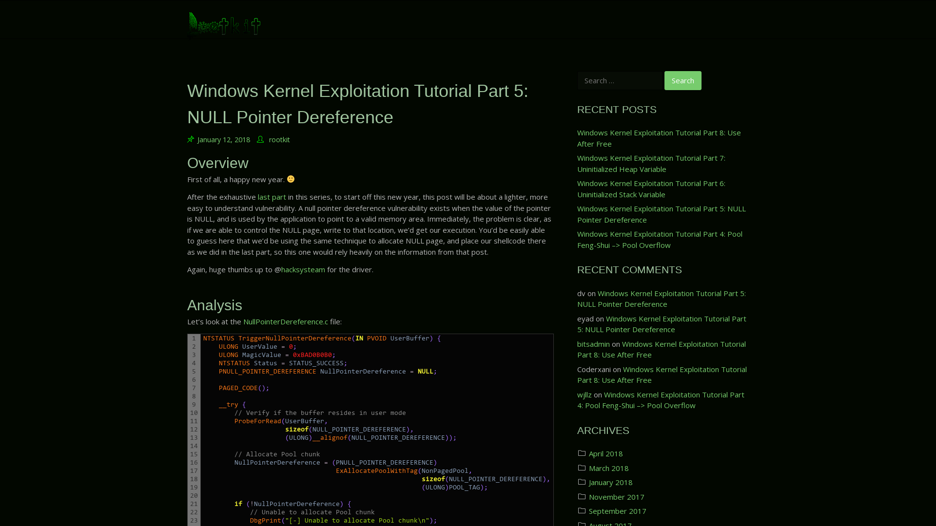 Windows Kernel Exploitation Tutorial Part 5: NULL Pointer Dereference - rootkit