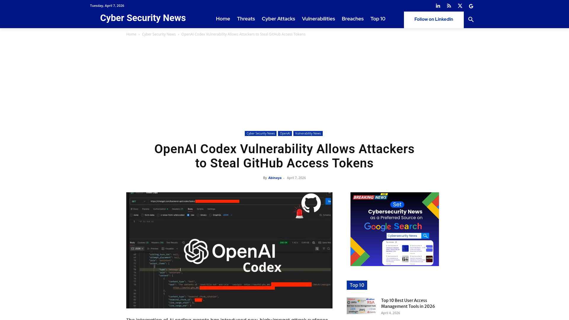 OpenAI Codex Vulnerability Allows Attackers to Steal GitHub Access Tokens