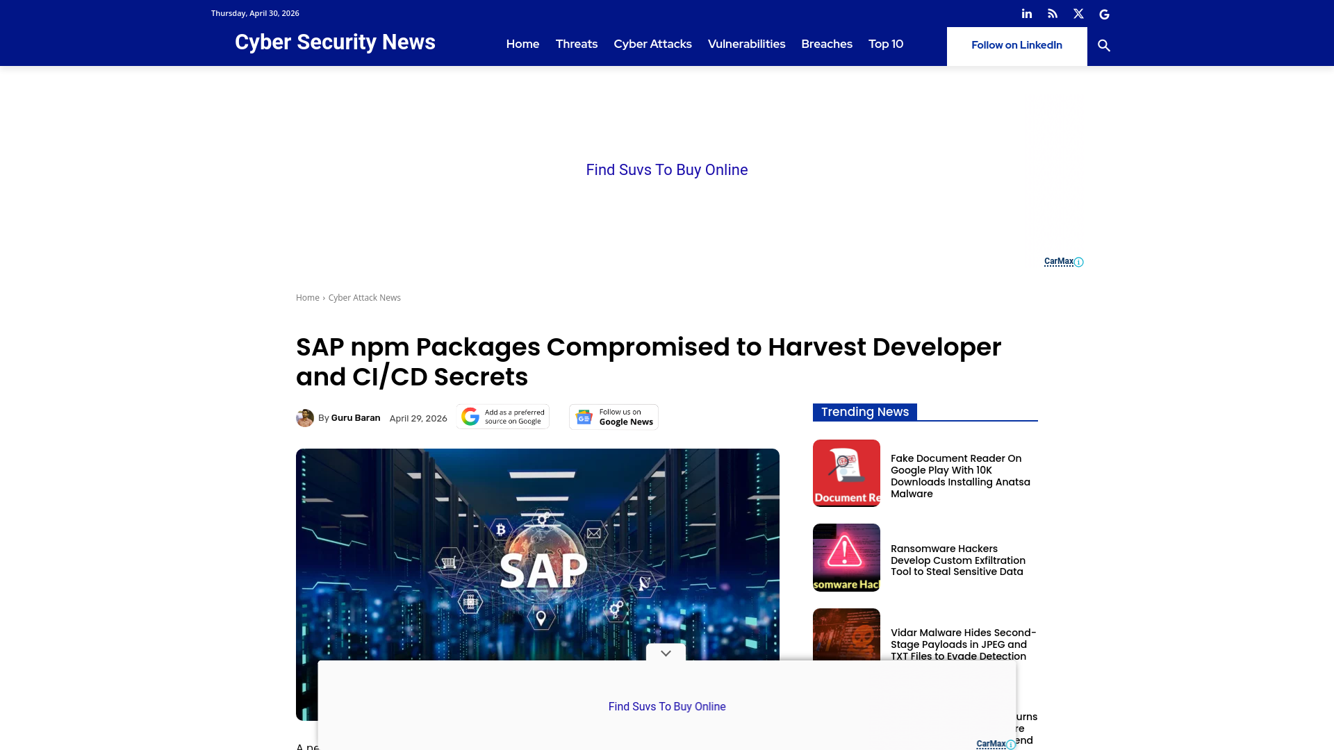 SAP npm Packages Compromised to Harvest Developer and CI/CD Secrets