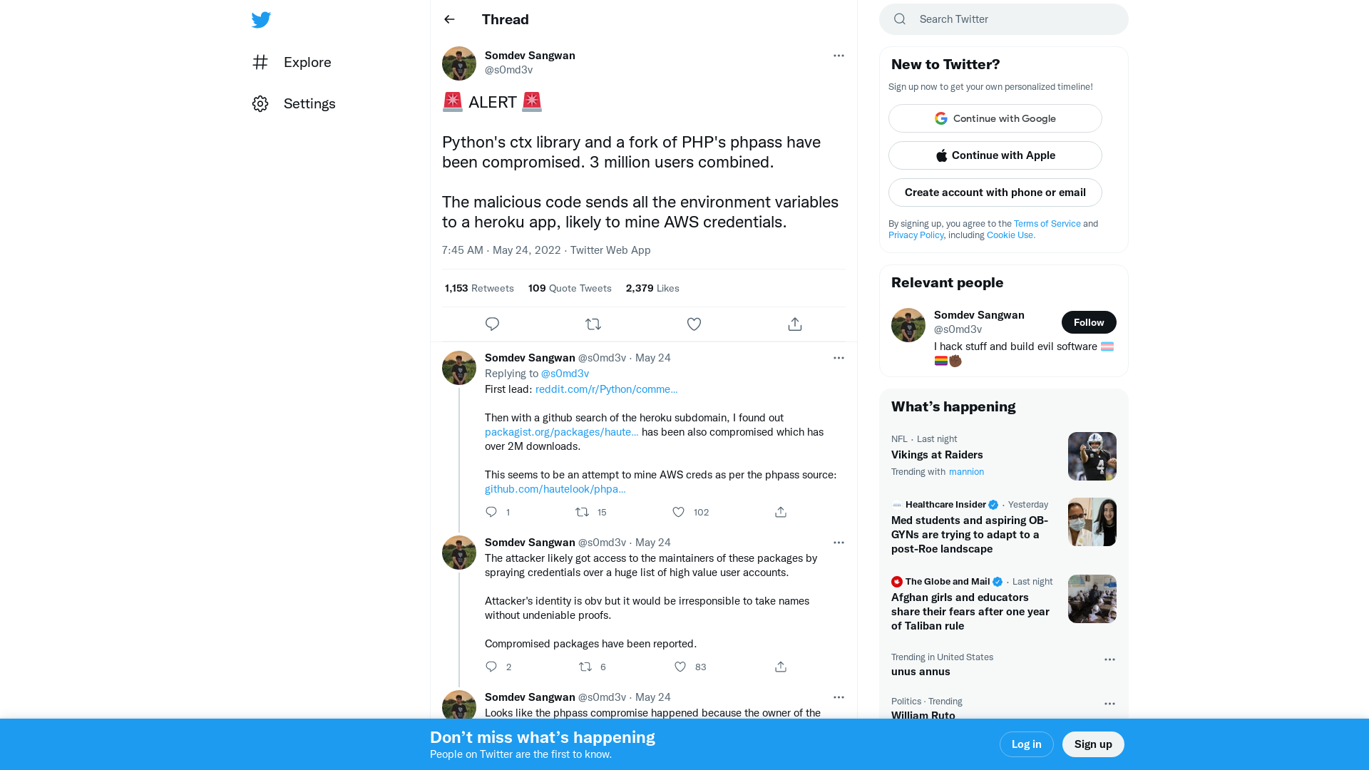 Somdev Sangwan on Twitter: "🚨 ALERT 🚨 Python's ctx library and a fork of PHP's phpass have been compromised. 3 million users combined. The malicious code sends all the environment variables to a heroku app, likely to mine AWS credentials." / Twitter