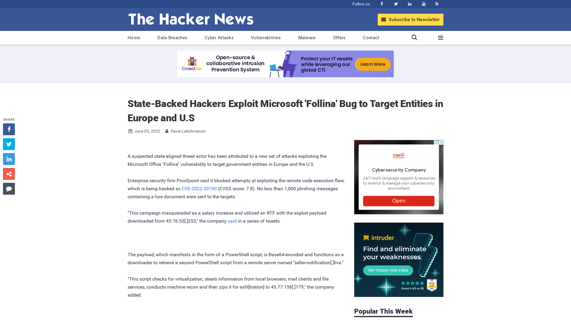 State-Backed Hackers Exploit Microsoft 'Follina' Bug to Target Entities in Europe and U.S