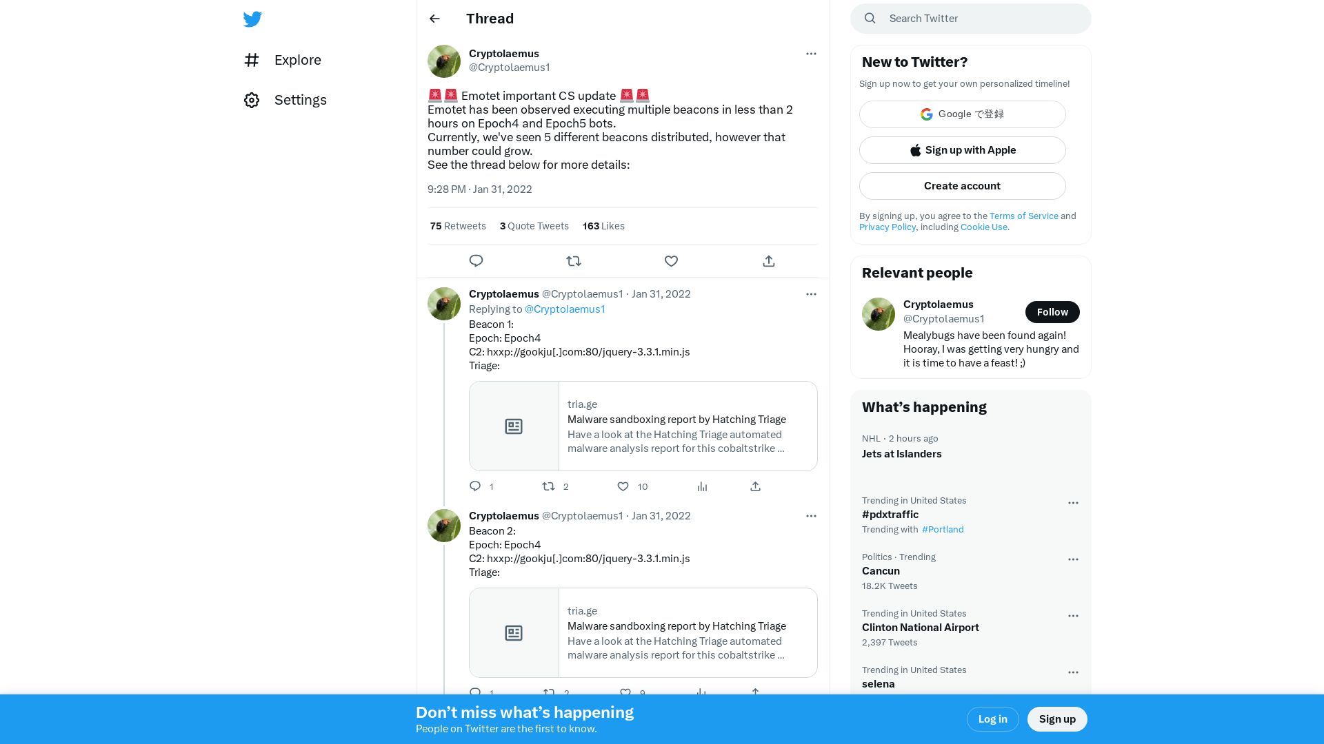 Cryptolaemus on Twitter: "🚨🚨 Emotet important CS update 🚨🚨 Emotet has been observed executing multiple beacons in less than 2 hours on Epoch4 and Epoch5 bots. Currently, we've seen 5 different beacons distributed, however that number could grow. See the thread below for more details:" / Twitter