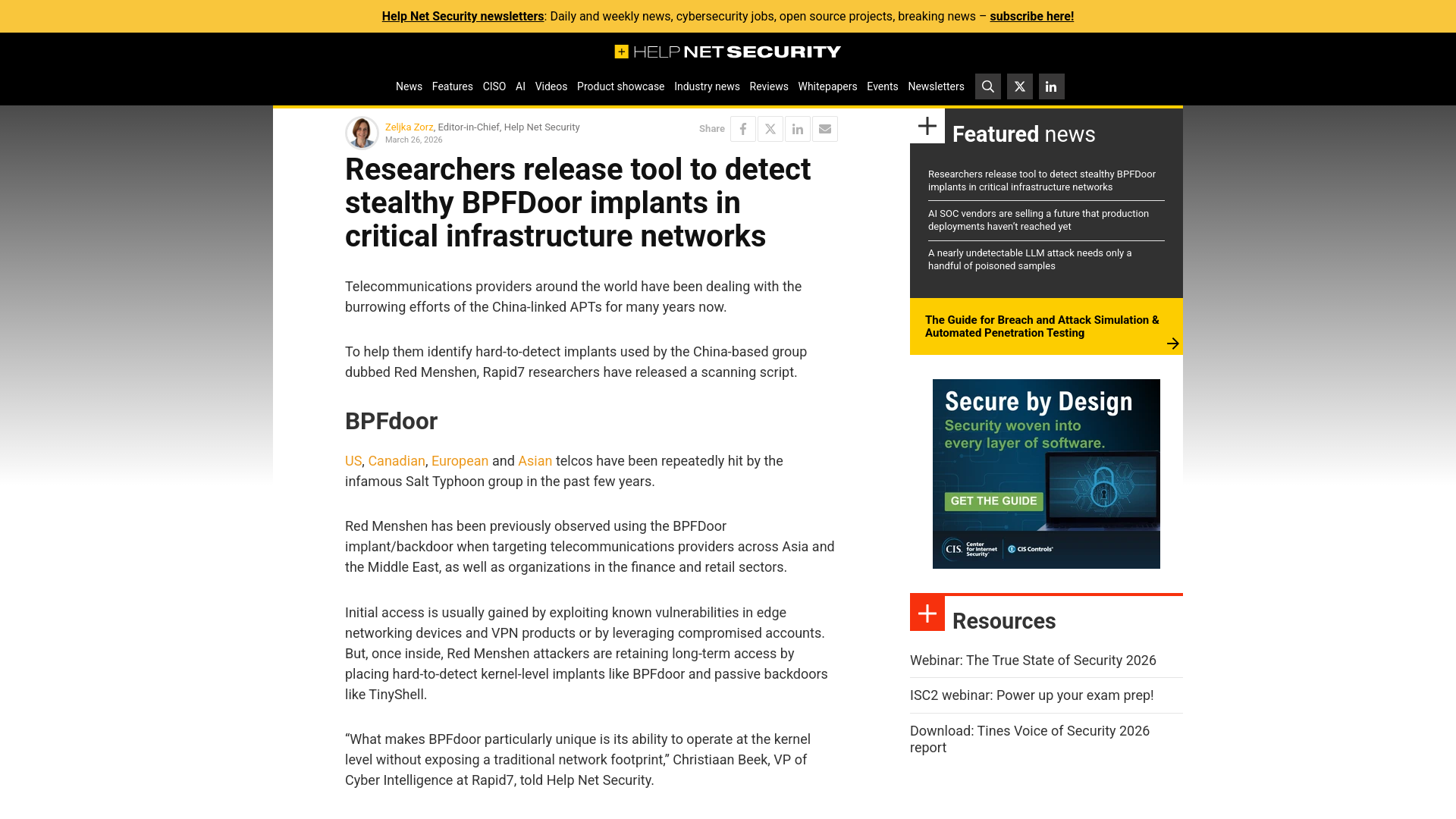 Researchers release tool to detect stealthy BPFDoor implants in critical infrastructure networks - Help Net Security