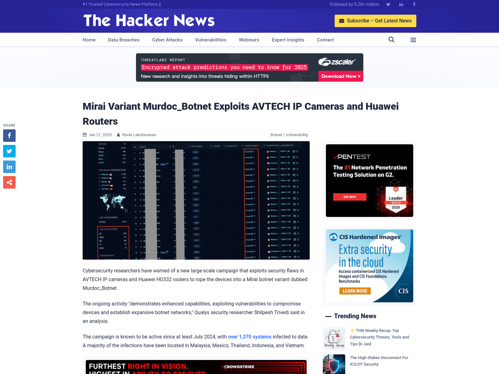 Mirai Variant Murdoc_Botnet Exploits AVTECH IP Cameras and Huawei Routers