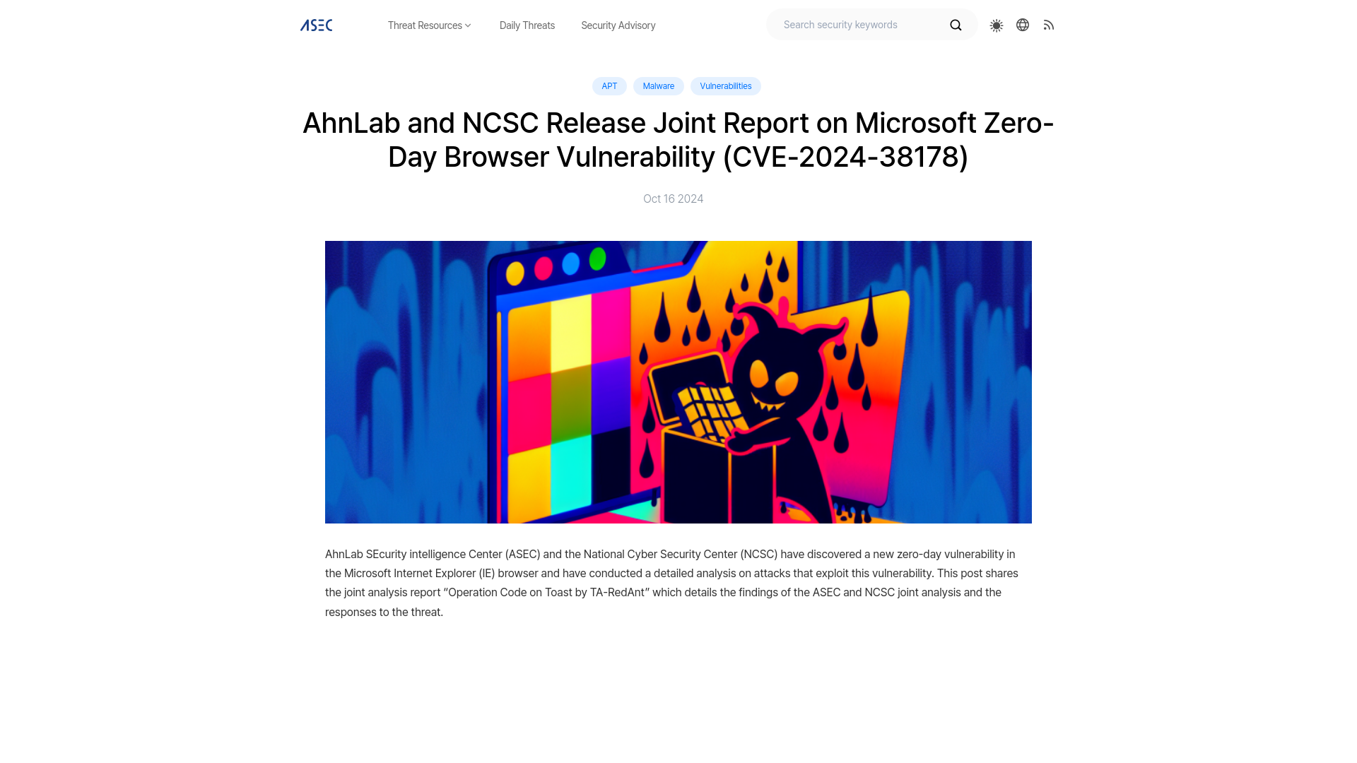 AhnLab and NCSC Release Joint Report on Microsoft Zero-Day Browser Vulnerability (CVE-2024-38178) - ASEC