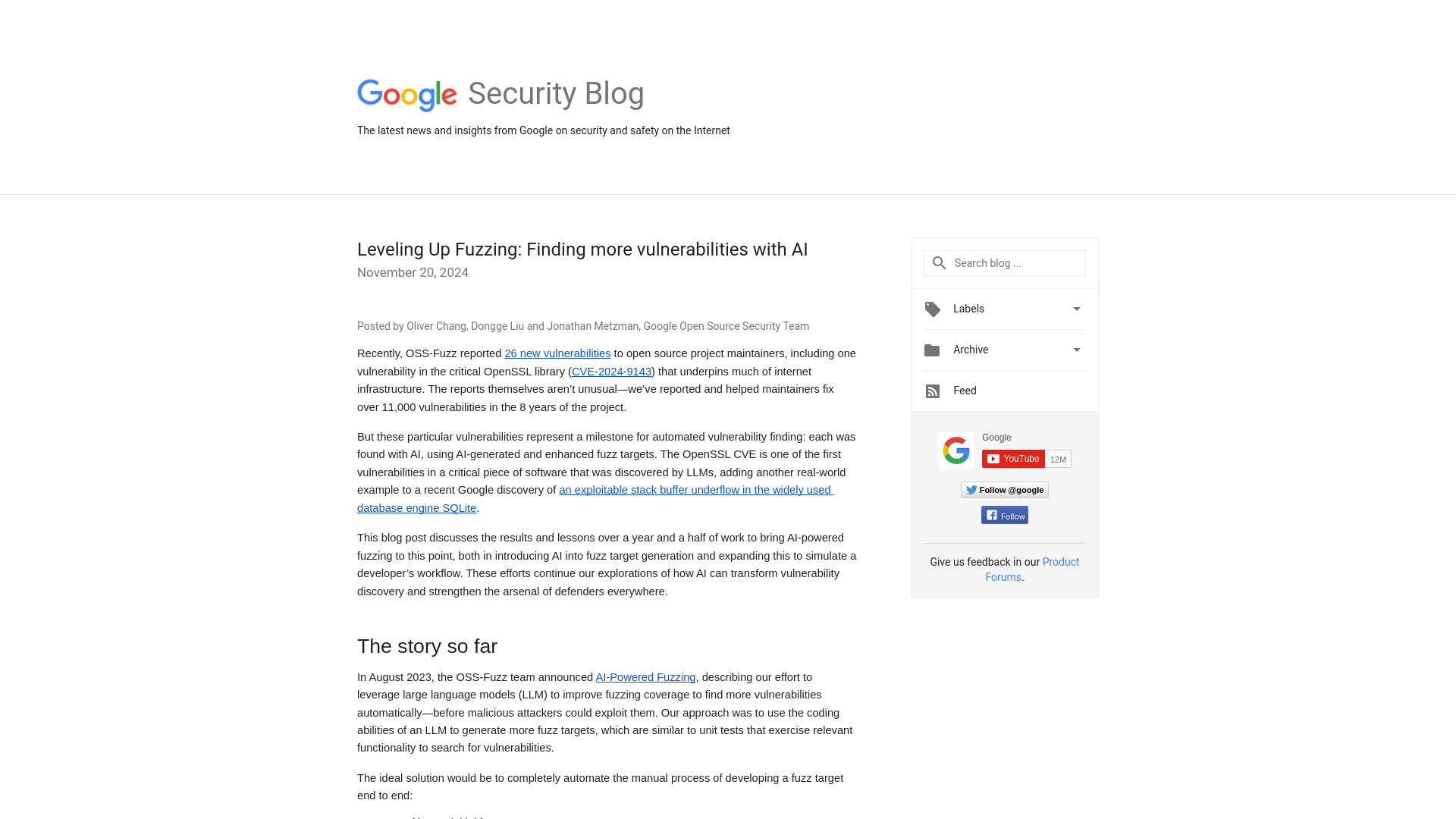 Google Online Security Blog: Leveling Up Fuzzing: Finding more vulnerabilities with AI