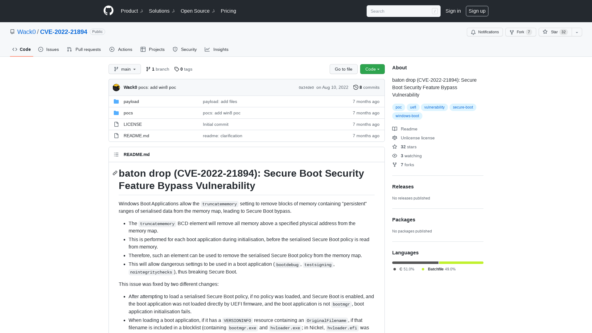 GitHub - Wack0/CVE-2022-21894: baton drop (CVE-2022-21894): Secure Boot Security Feature Bypass Vulnerability