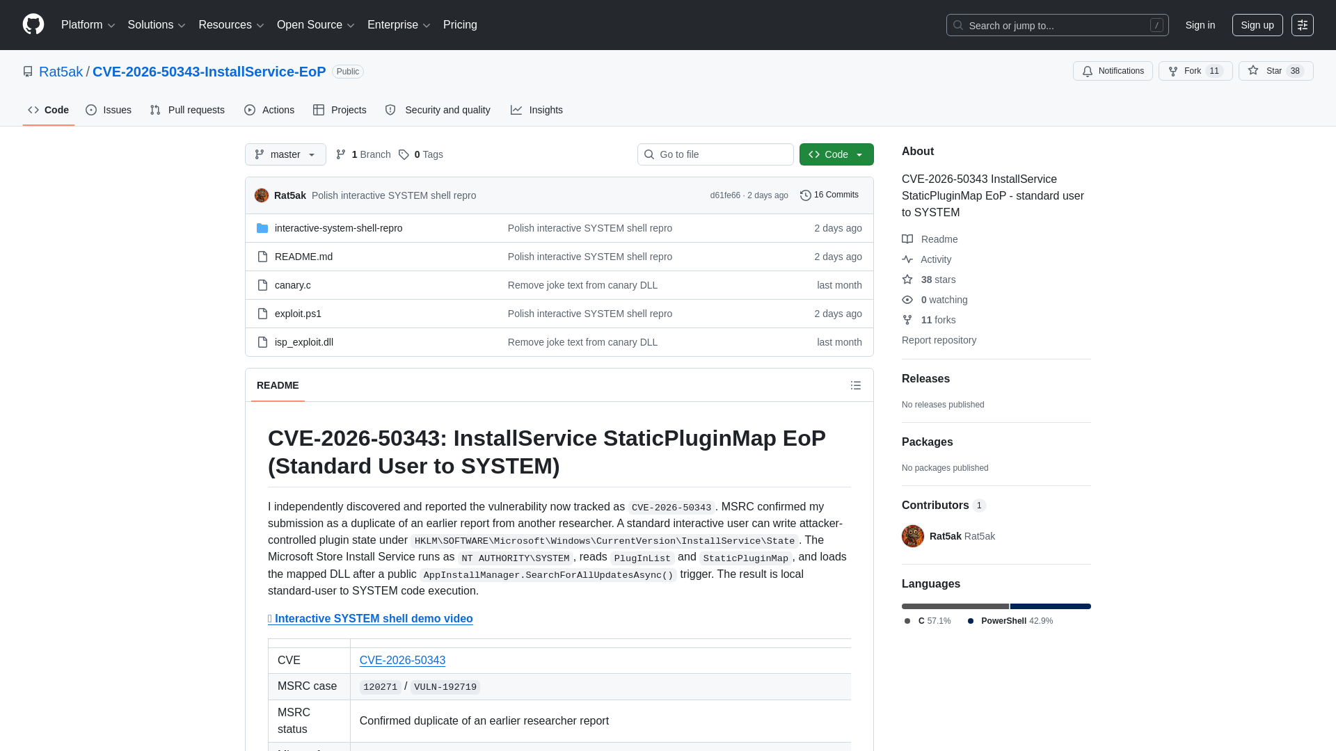 GitHub - Rat5ak/CVE-2026-50343-InstallService-EoP: CVE-2026-50343 InstallService StaticPluginMap EoP - standard user to SYSTEM · GitHub