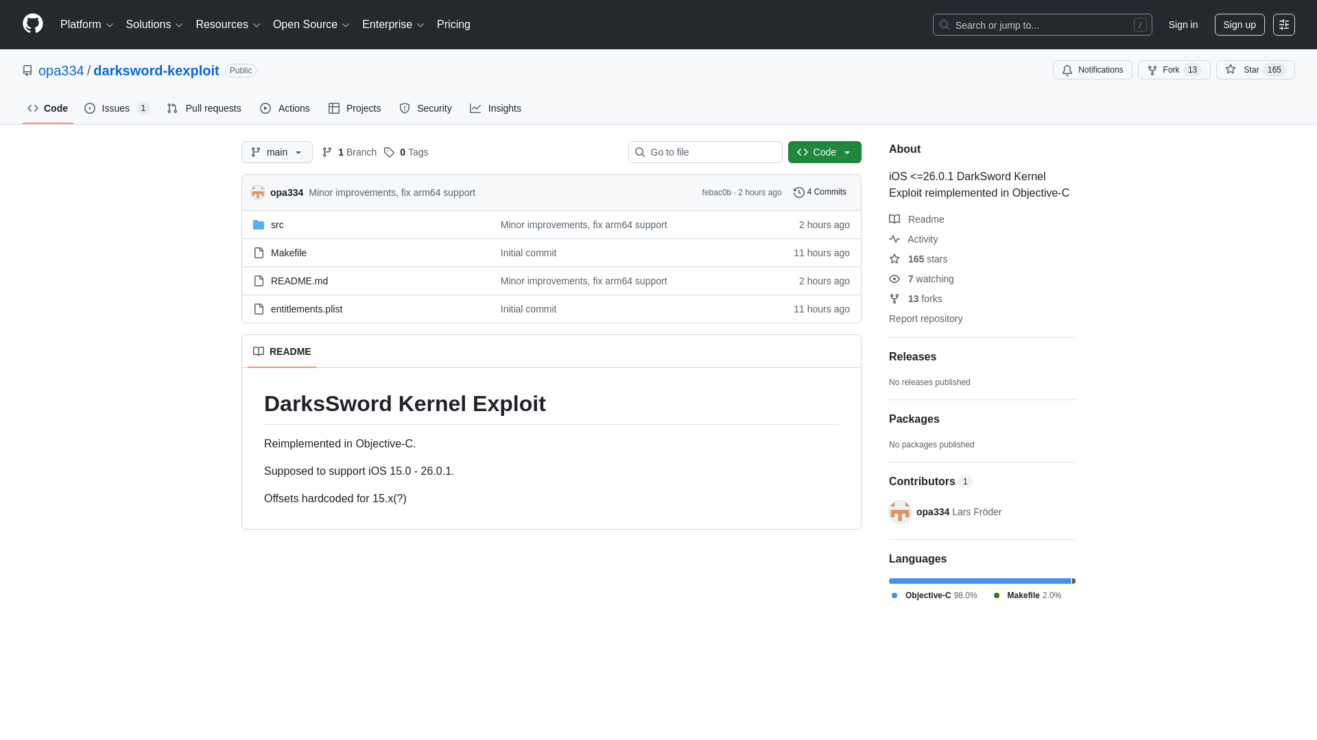 GitHub - opa334/darksword-kexploit: iOS <=26.0.1 DarkSword Kernel Exploit reimplemented in Objective-C · GitHub