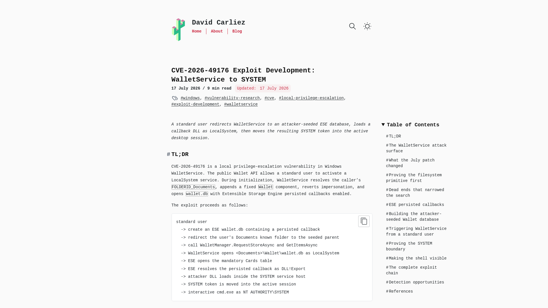 CVE-2026-49176 Exploit Development: WalletService to SYSTEM • David Carliez