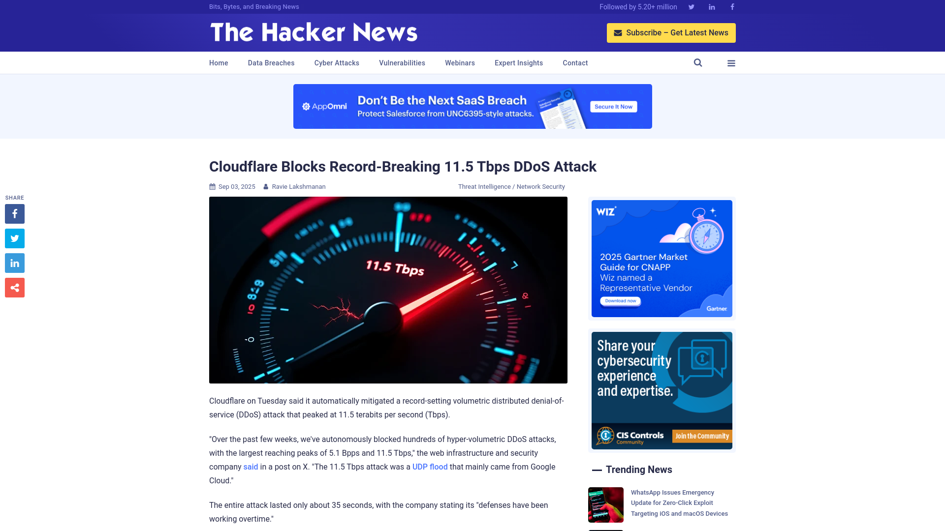 Cloudflare Blocks Record-Breaking 11.5 Tbps DDoS Attack