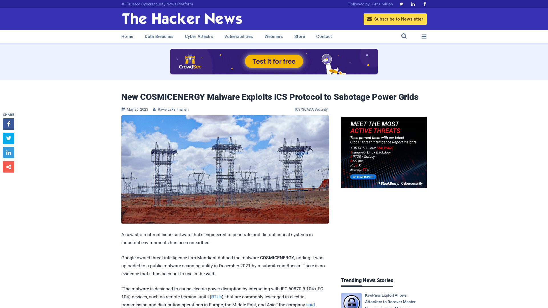 New COSMICENERGY Malware Exploits ICS Protocol to Sabotage Power Grids