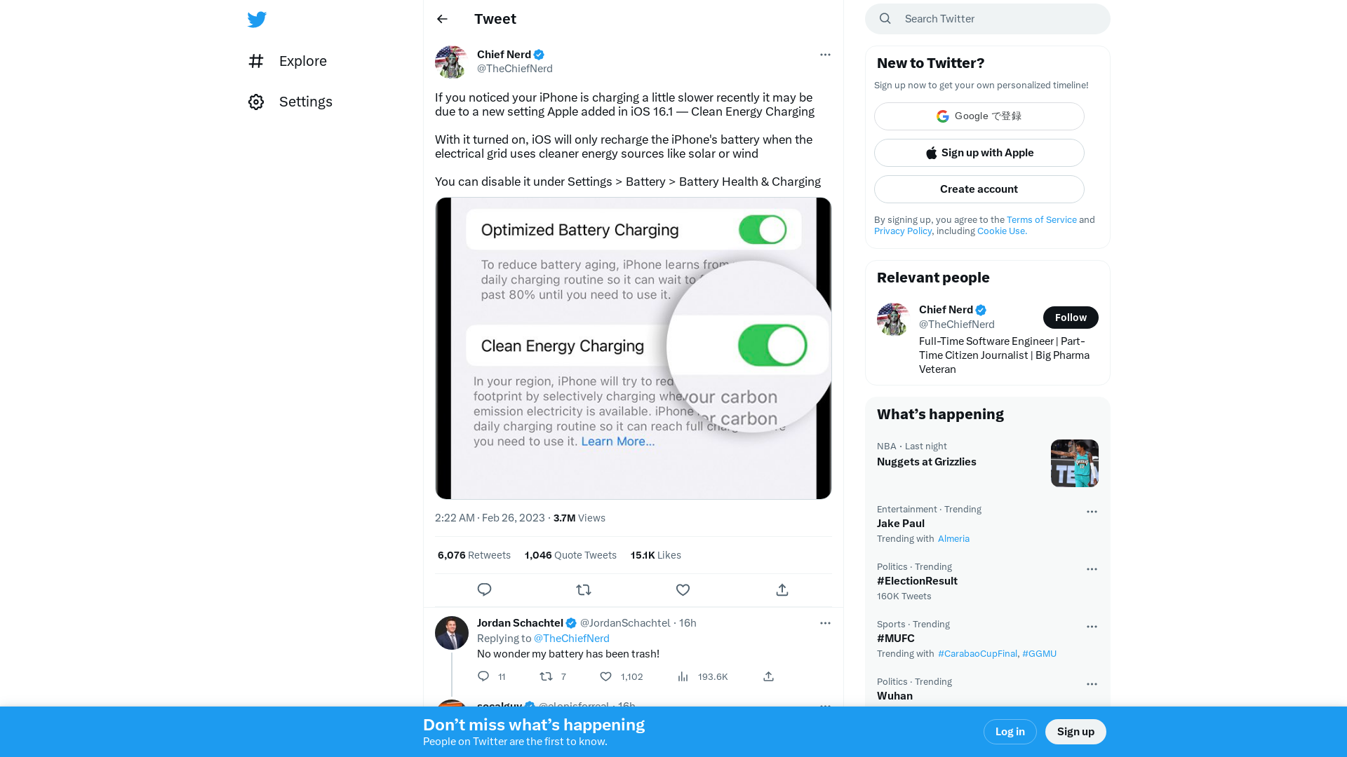 Chief Nerd on Twitter: "If you noticed your iPhone is charging a little slower recently it may be due to a new setting Apple added in iOS 16.1 — Clean Energy Charging With it turned on, iOS will only recharge the iPhone's battery when the electrical grid uses cleaner energy sources like solar or wind… https://t.co/ANW3GZwYSd" / Twitter