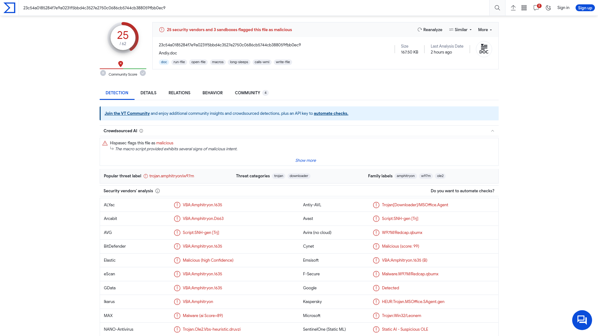 VirusTotal - File - 23c54a0185284f7e9a0231f5bbd4c3527e2750c0686cb5744cb388059fbb0ec9