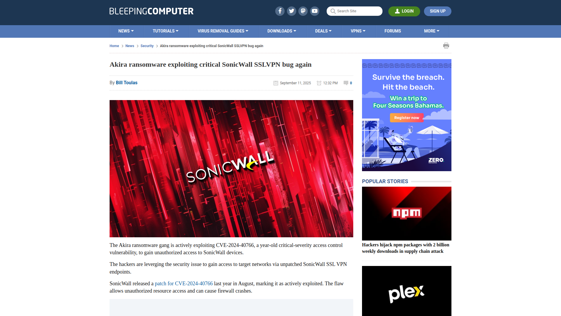Akira ransomware exploiting critical SonicWall SSLVPN bug again