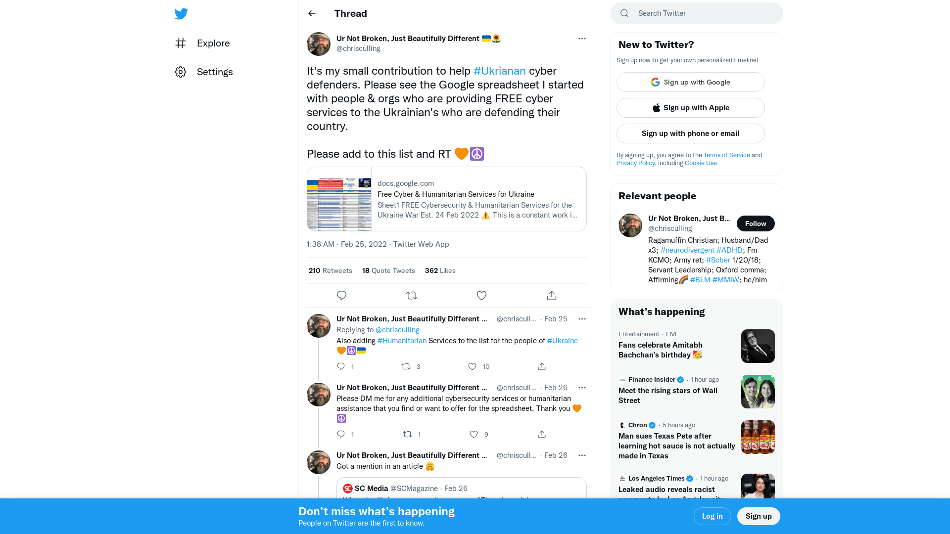 Ur Not Broken, Just Beautifully Different 🇺🇦🌻 on Twitter: "It's my small contribution to help #Ukrianan cyber defenders. Please see the Google spreadsheet I started with people &amp; orgs who are providing FREE cyber services to the Ukrainian's who are defending their country. Please add to this list and RT 🧡☮️ https://t.co/ivWraKn2SP" / Twitter