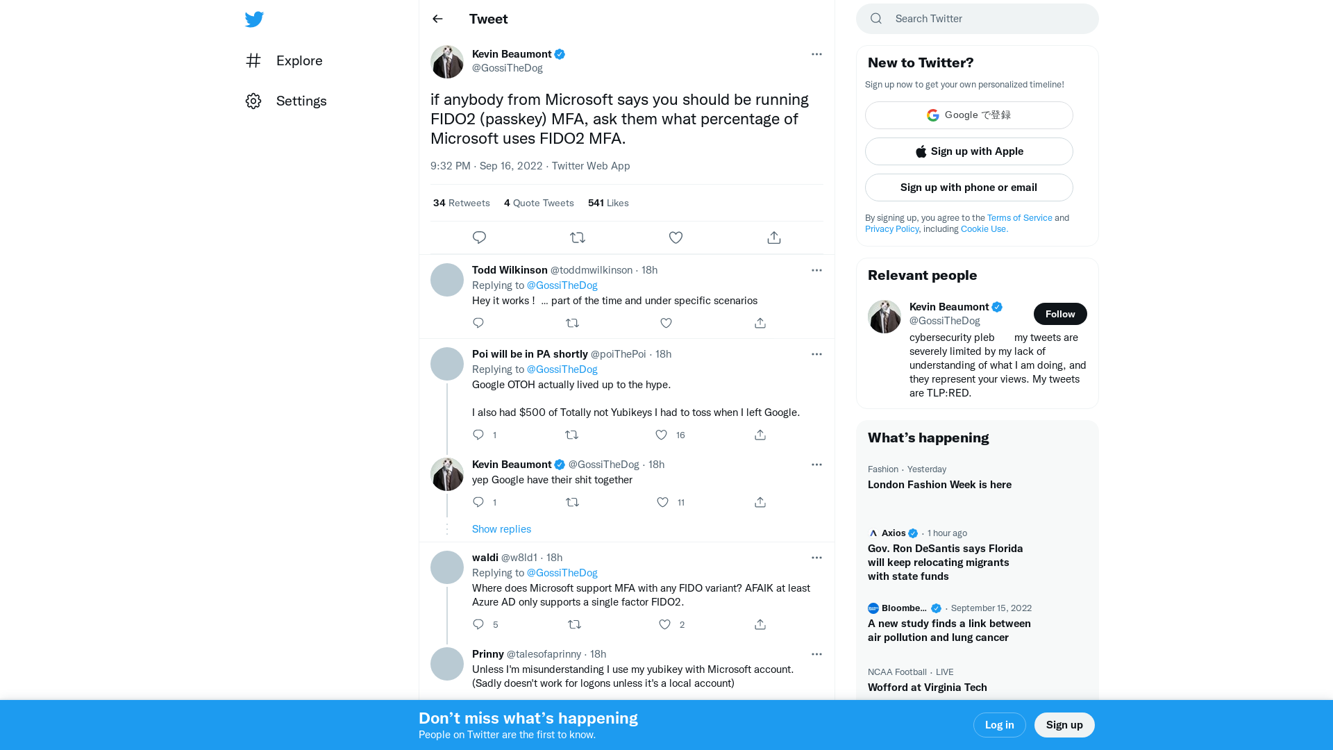 Kevin Beaumont on Twitter: "if anybody from Microsoft says you should be running FIDO2 (passkey) MFA, ask them what percentage of Microsoft uses FIDO2 MFA." / Twitter