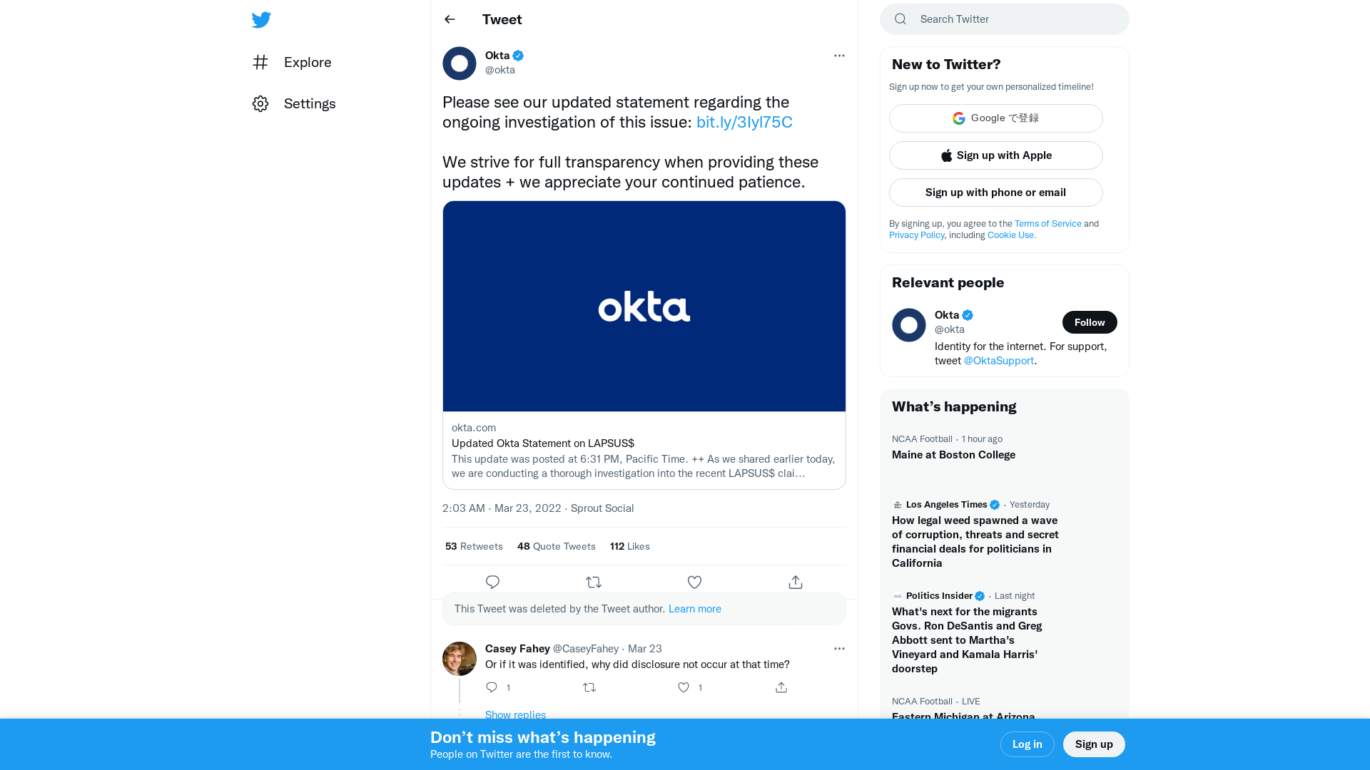 Okta on Twitter: "Please see our updated statement regarding the ongoing investigation of this issue: https://t.co/17RRxyZzeO We strive for full transparency when providing these updates + we appreciate your continued patience." / Twitter