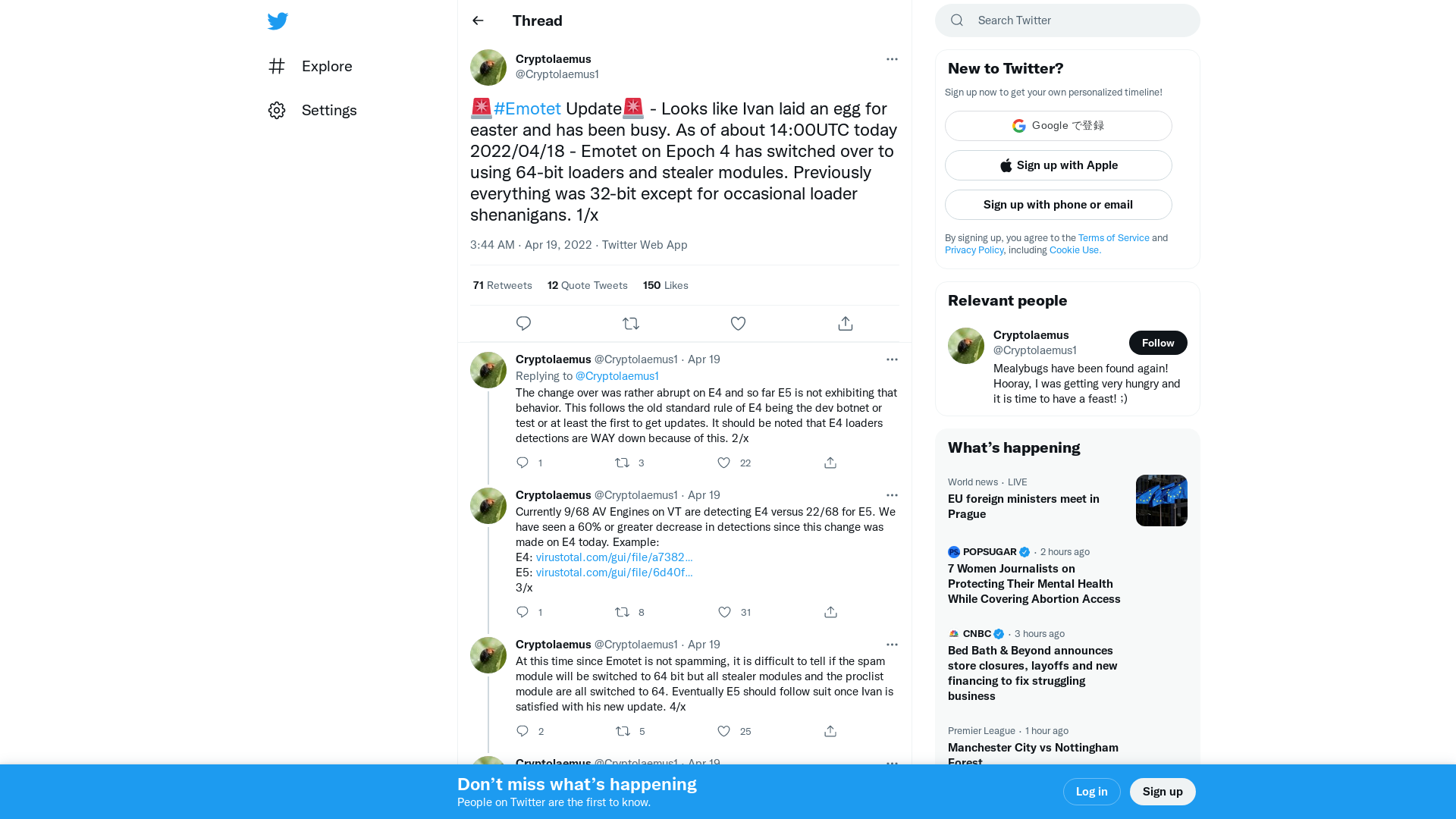 Cryptolaemus on Twitter: "🚨#Emotet Update🚨 - Looks like Ivan laid an egg for easter and has been busy. As of about 14:00UTC today 2022/04/18 - Emotet on Epoch 4 has switched over to using 64-bit loaders and stealer modules. Previously everything was 32-bit except for occasional loader shenanigans. 1/x" / Twitter