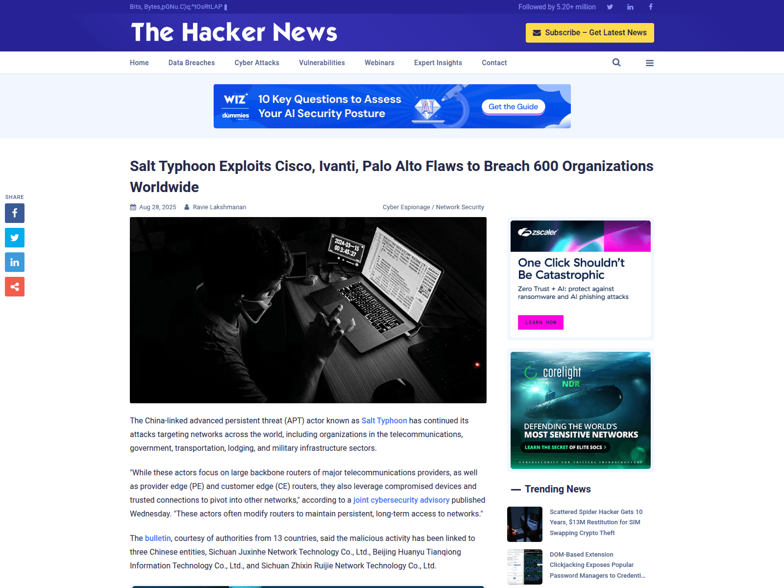 Salt Typhoon Exploits Cisco, Ivanti, Palo Alto Flaws to Breach 600 Organizations Worldwide