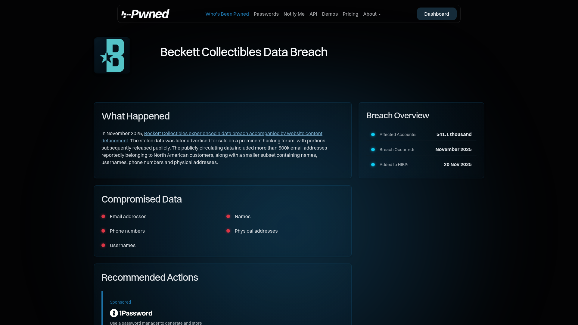 Have I Been Pwned: Beckett Collectibles Data Breach