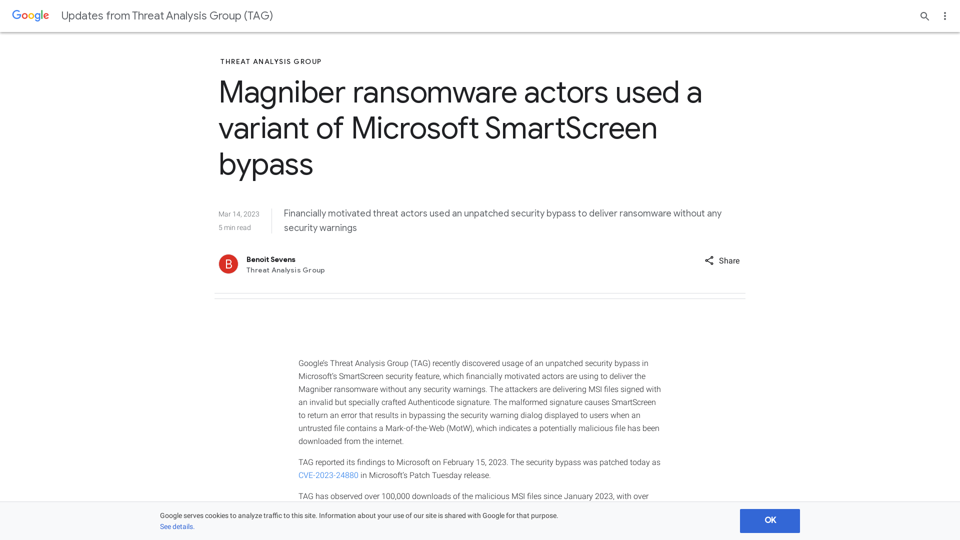 Magniber ransomware actors used a variant of Microsoft SmartScreen bypass