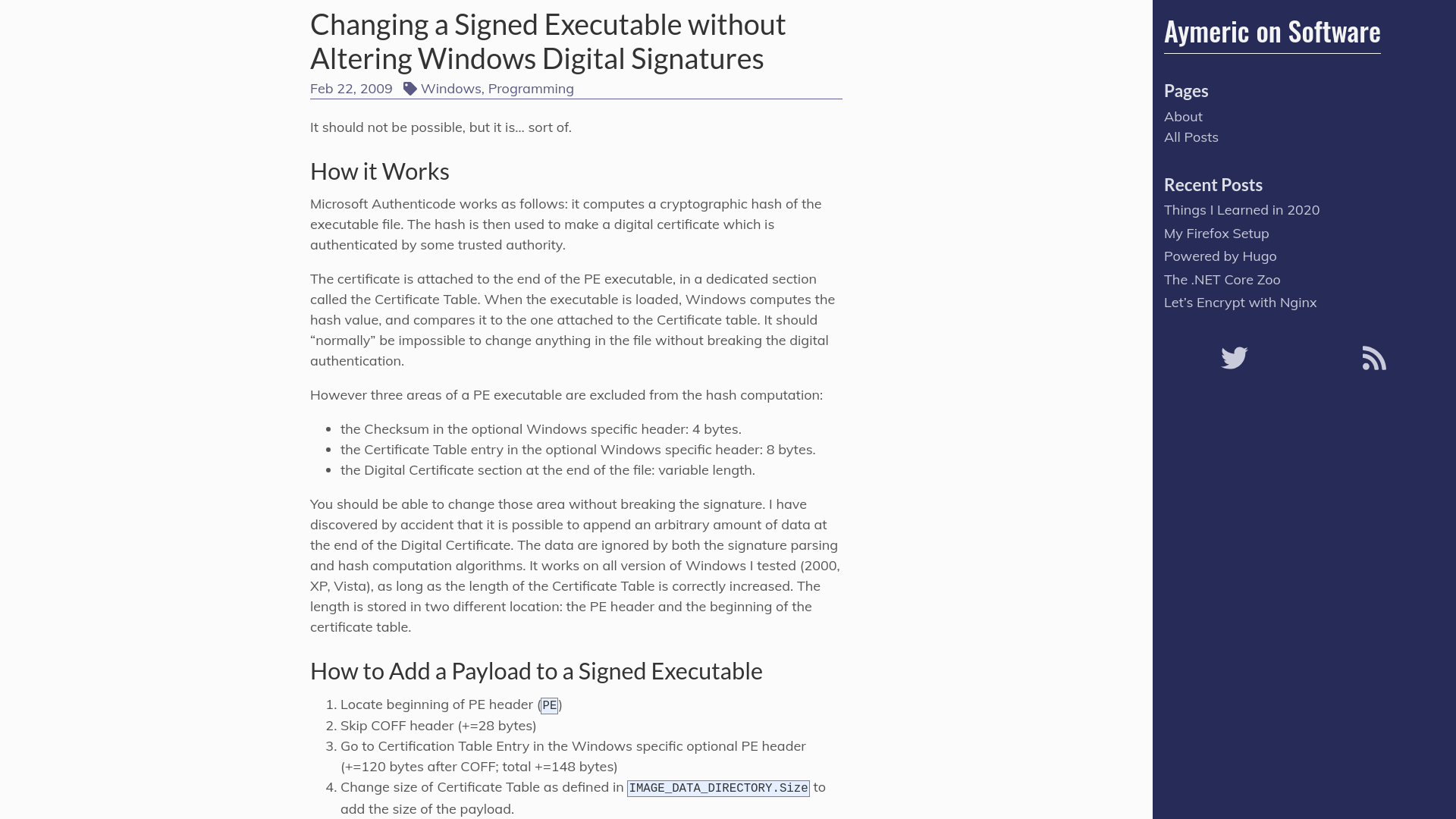 Changing a Signed Executable without Altering Windows Digital Signatures | Aymeric on Software