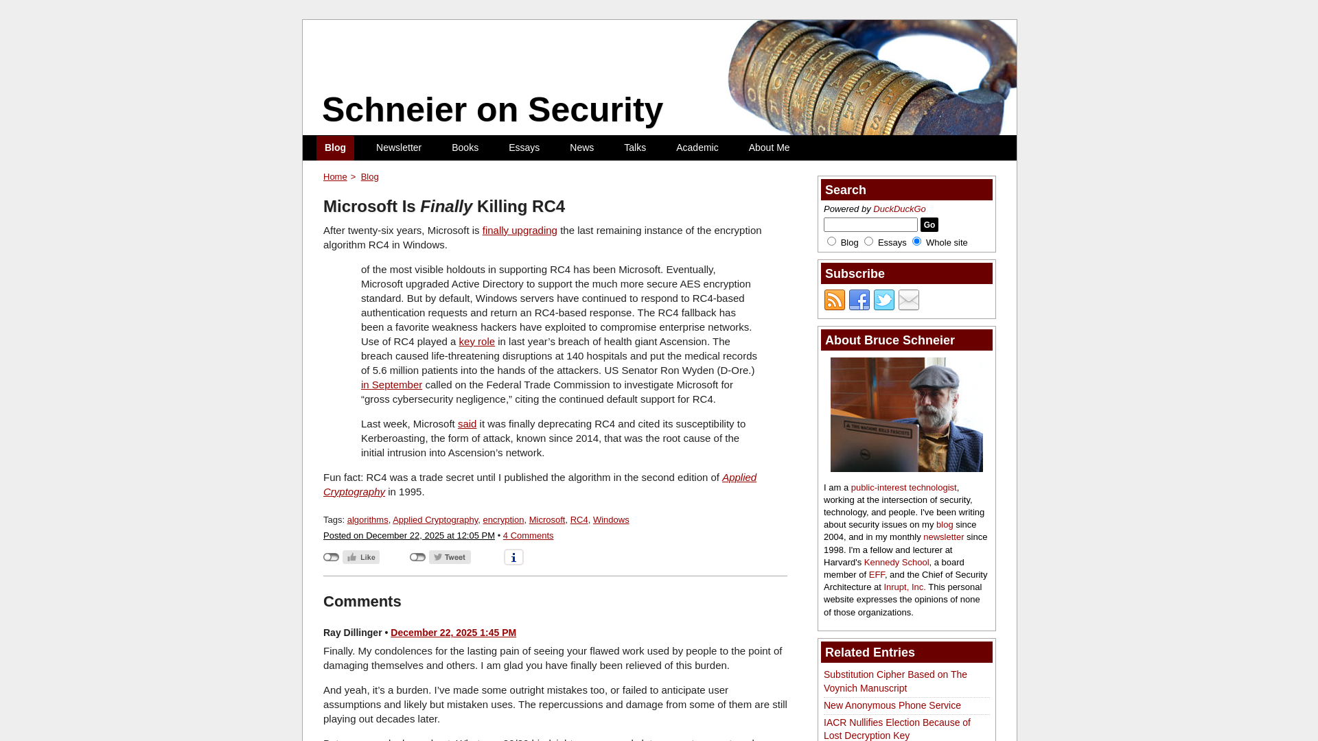 Microsoft Is Finally Killing RC4 - Schneier on Security