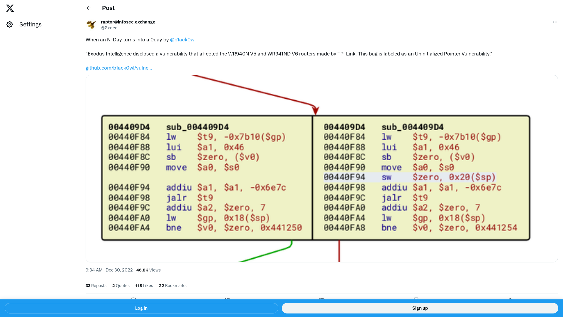 raptor@infosec.exchange on X: "When an N-Day turns into a 0day by @b1ack0wl "Exodus Intelligence disclosed a vulnerability that affected the WR940N V5 and WR941ND V6 routers made by TP-Link. This bug is labeled as an Uninitialized Pointer Vulnerability." https://t.co/pShdEIGx3B https://t.co/7hvZ0RYgAa" / X