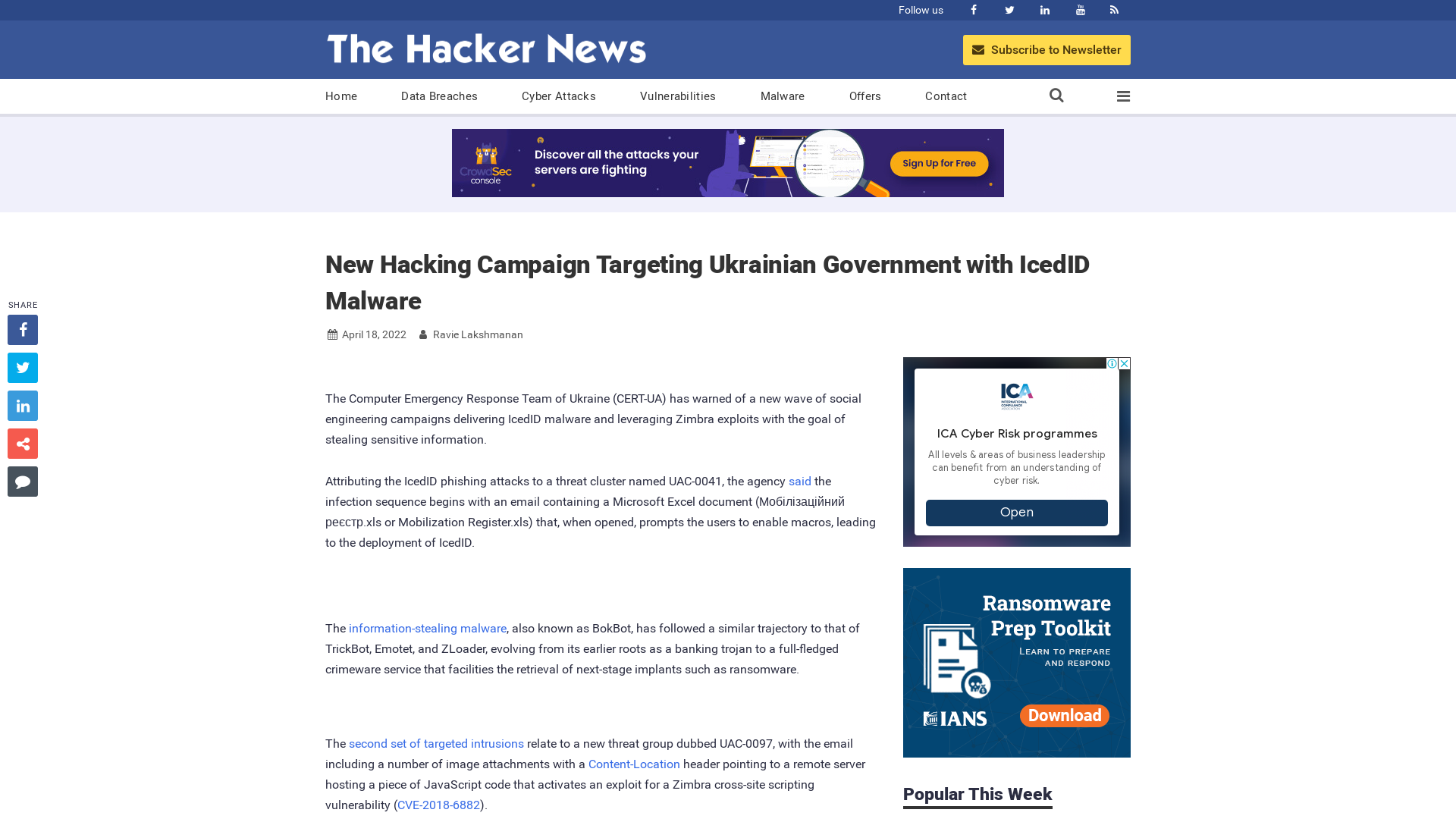 New Hacking Campaign Targeting Ukrainian Government with IcedID Malware