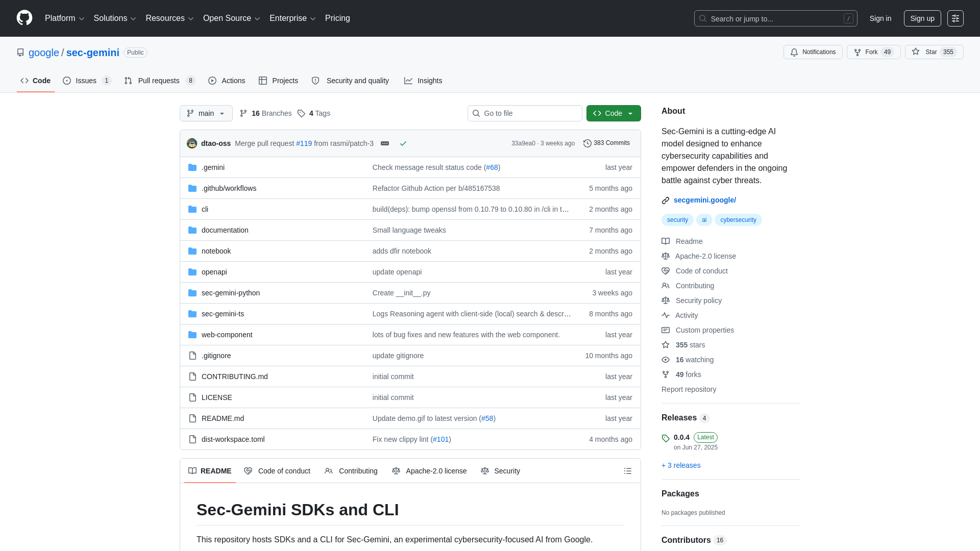 GitHub - google/sec-gemini: Sec-Gemini is a cutting-edge AI model designed to enhance cybersecurity capabilities and empower defenders in the ongoing battle against cyber threats. · GitHub