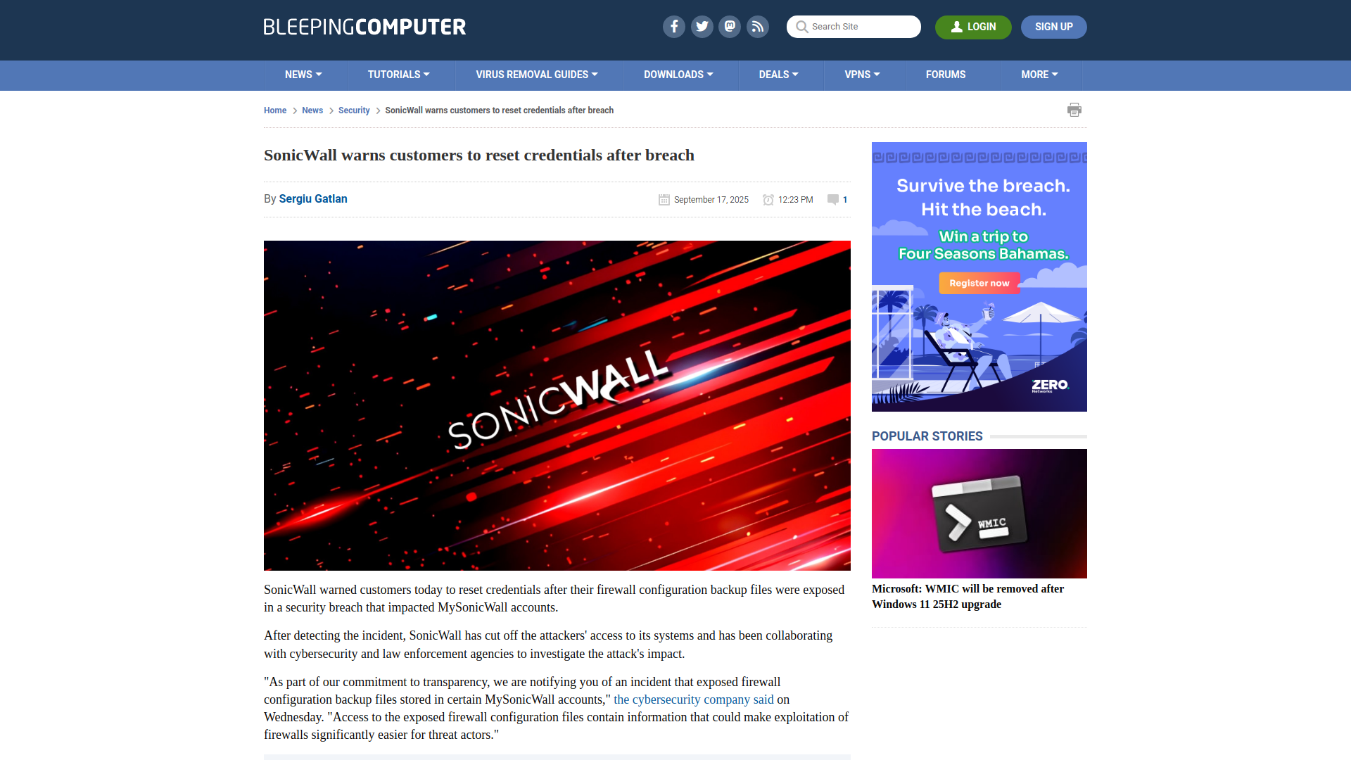 SonicWall warns customers to reset credentials after breach