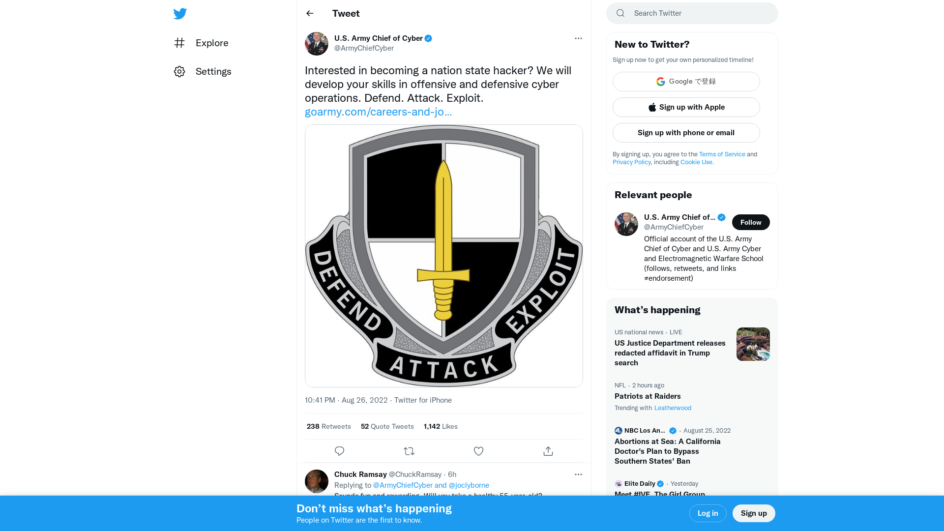 U.S. Army Chief of Cyber on Twitter: "Interested in becoming a nation state hacker? We will develop your skills in offensive and defensive cyber operations. Defend. Attack. Exploit. https://t.co/GEVy0dS4qo https://t.co/JZgTrDdIbW" / Twitter