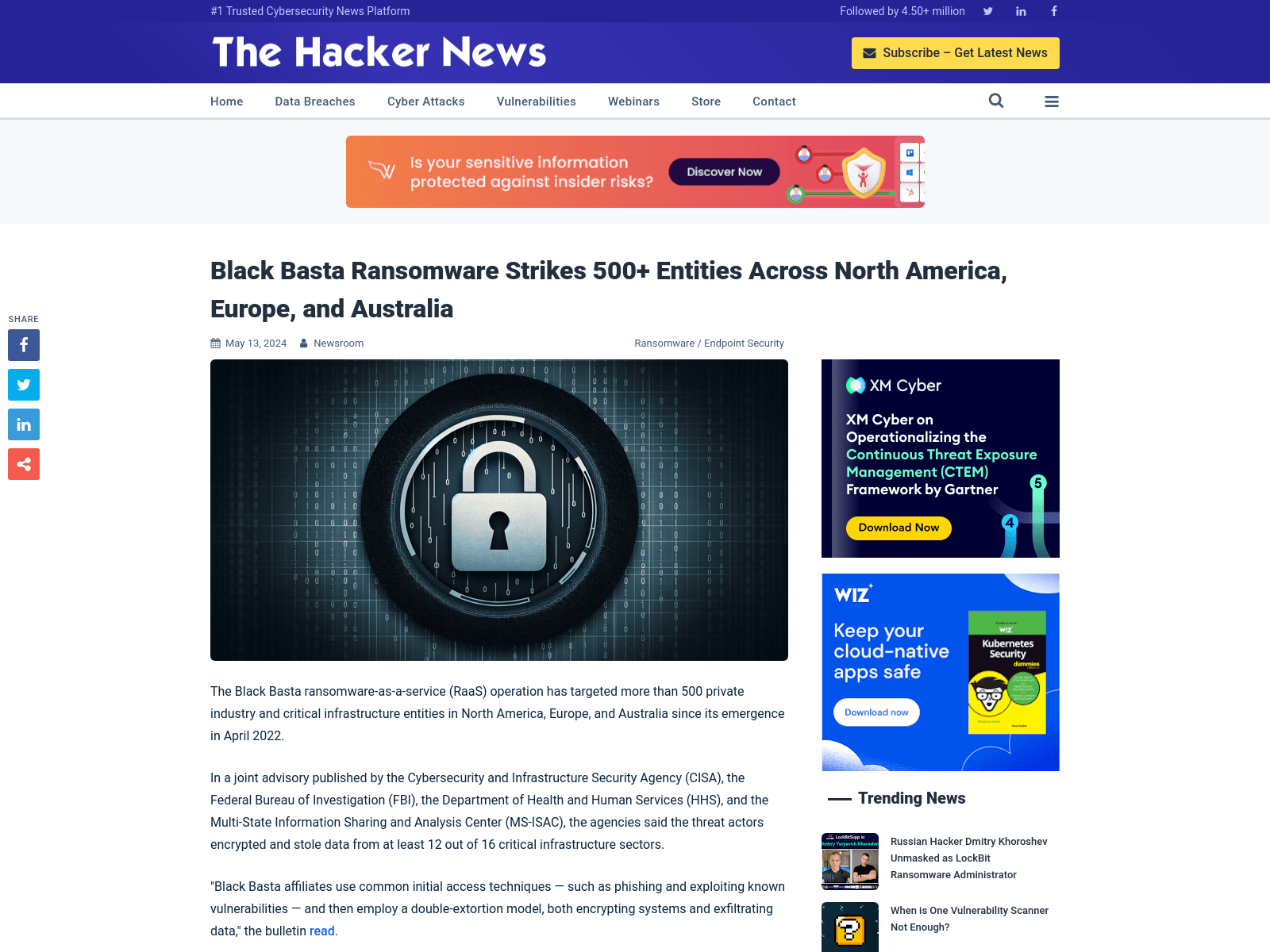 Black Basta Ransomware Strikes 500+ Entities Across North America, Europe, and Australia