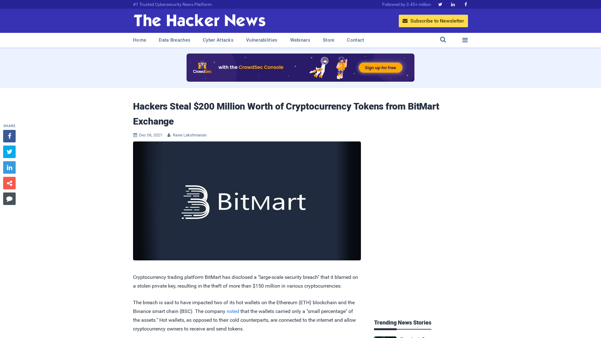 Hackers Steal $200 Million Worth of Cryptocurrency Tokens from BitMart Exchange