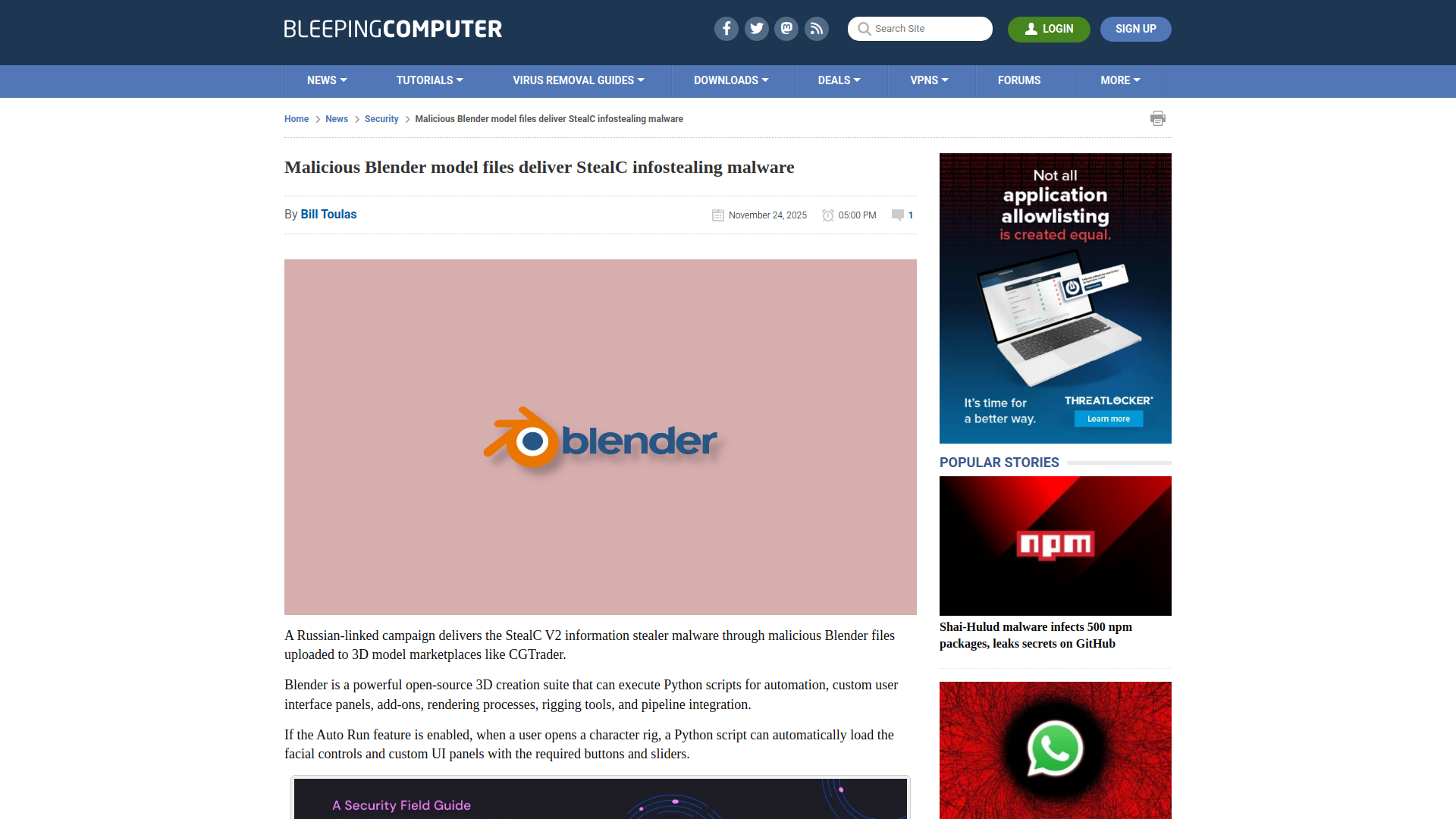 Malicious Blender model files deliver StealC infostealing malware