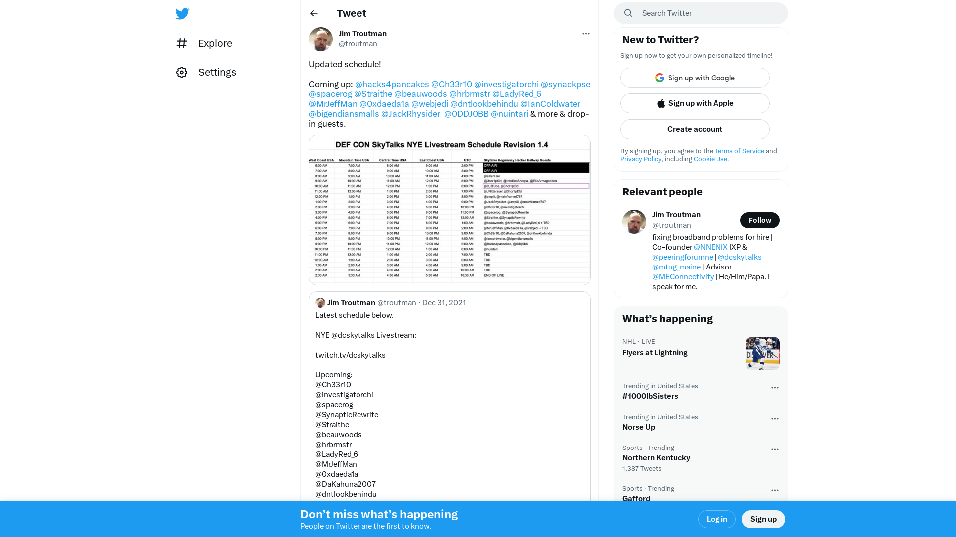Jim Troutman on Twitter: "Updated schedule! Coming up: @hacks4pancakes @Ch33r10 @investigatorchi @synackpse @spacerog @Straithe @beauwoods @hrbrmstr @LadyRed_6 @MrJeffMan @0xdaeda1a @webjedi @dntlookbehindu @IanColdwater @bigendiansmalls @JackRhysider @0DDJ0BB @nuintari &amp; more &amp; drop-in guests. https://t.co/02Hl3owpDF" / Twitter