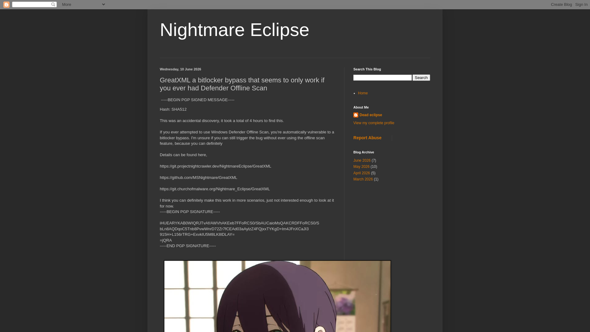 Nightmare Eclipse: GreatXML a bitlocker bypass that seems to only work if you ever had Defender Offline Scan