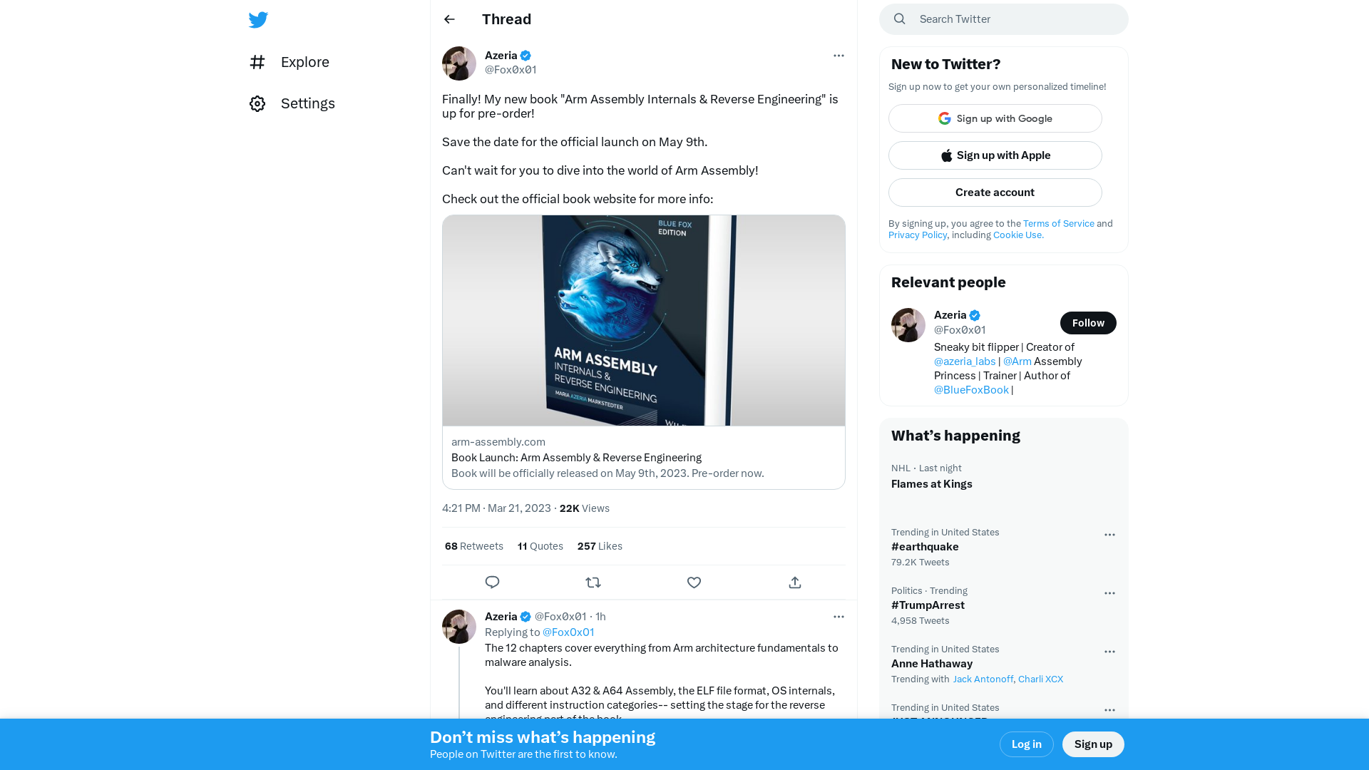 Azeria on Twitter: "Finally! My new book "Arm Assembly Internals &amp; Reverse Engineering" is up for pre-order! Save the date for the official launch on May 9th. Can't wait for you to dive into the world of Arm Assembly! Check out the official book website for more info: https://t.co/ZdtfY6GwoK" / Twitter