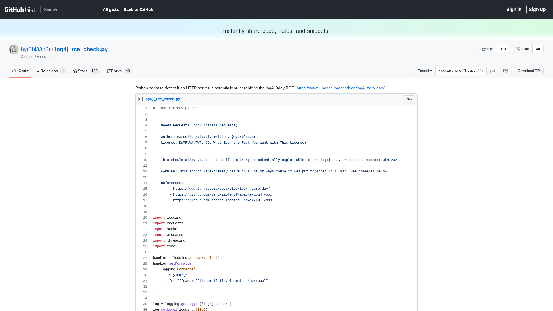Python script to detect if an HTTP server is potentially vulnerable to the log4j 0day RCE (https://www.lunasec.io/docs/blog/log4j-zero-day/) · GitHub